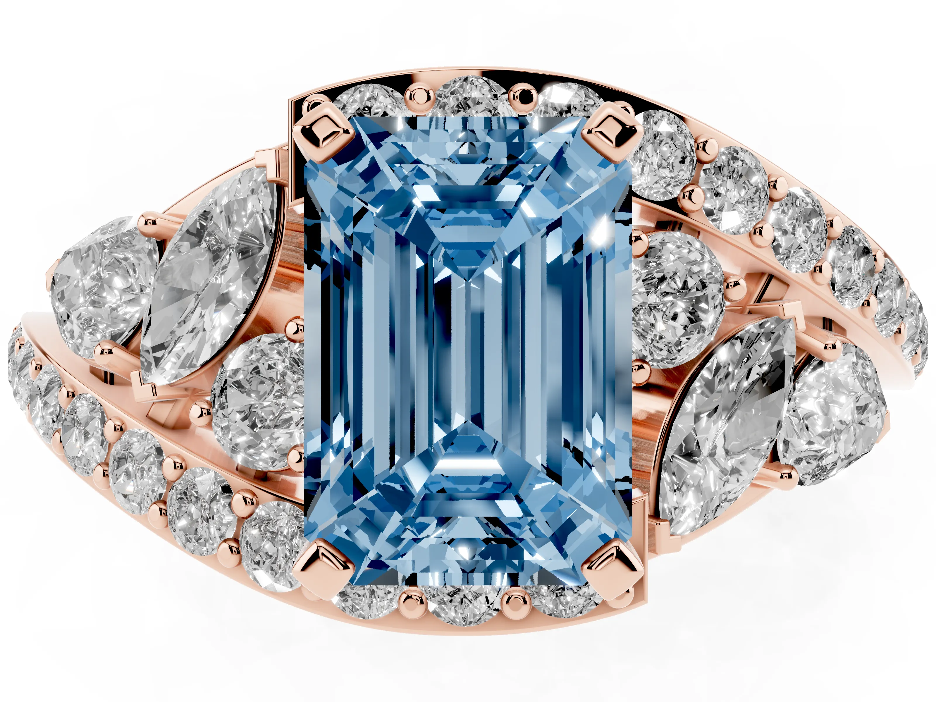 Fancy Blue Emerald Cut Diamond Halo Ring Set in Rose gold with Marquise and Pavé Band in Prong Setting