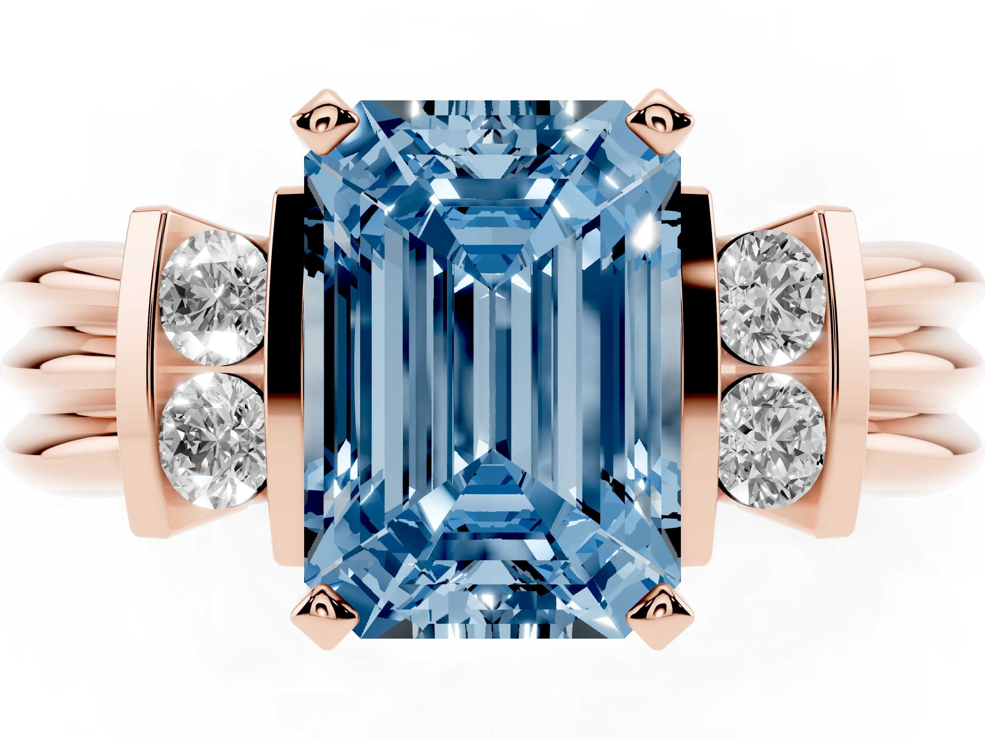 Fancy Blue Three-Stone Emerald Cut Diamond Channel Set Ring Set in Rose gold with Bar Prongs