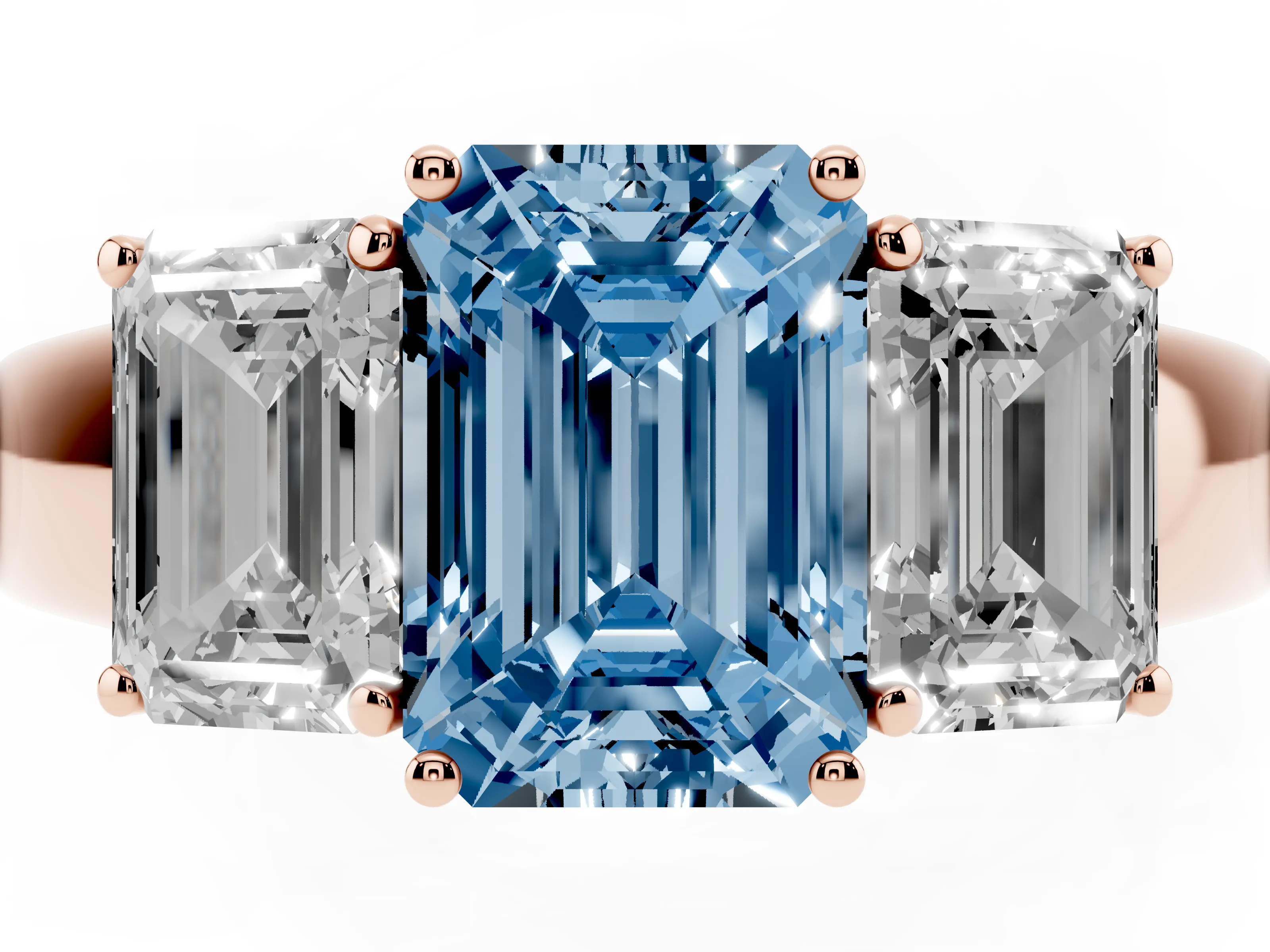 Fancy Blue Three-Stone Emerald Cut Diamond Ring Set in Rose gold with Matching Prong Settings and Plain Band