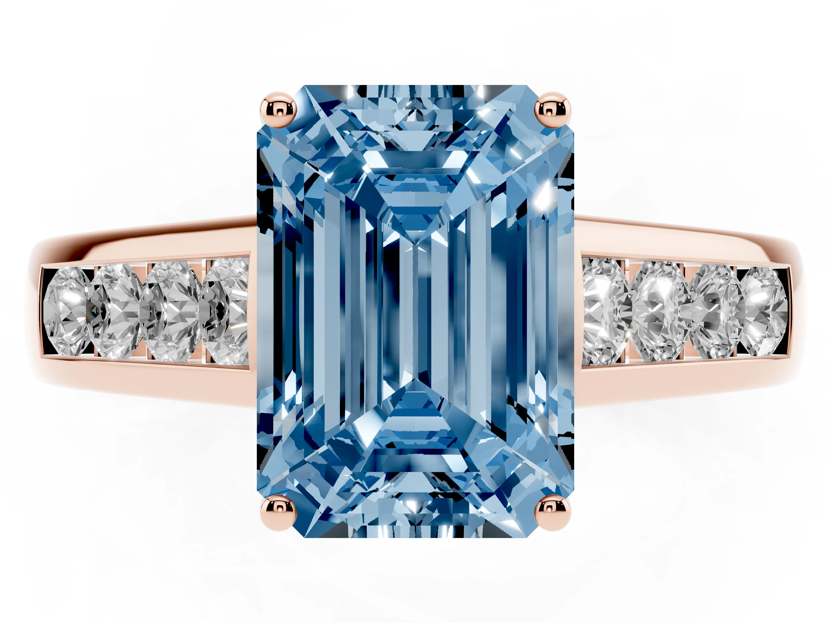 Fancy Blue Emerald Cut Diamond Solitaire Channel-Set Engagement Ring Set in Rose gold with Prong Setting
