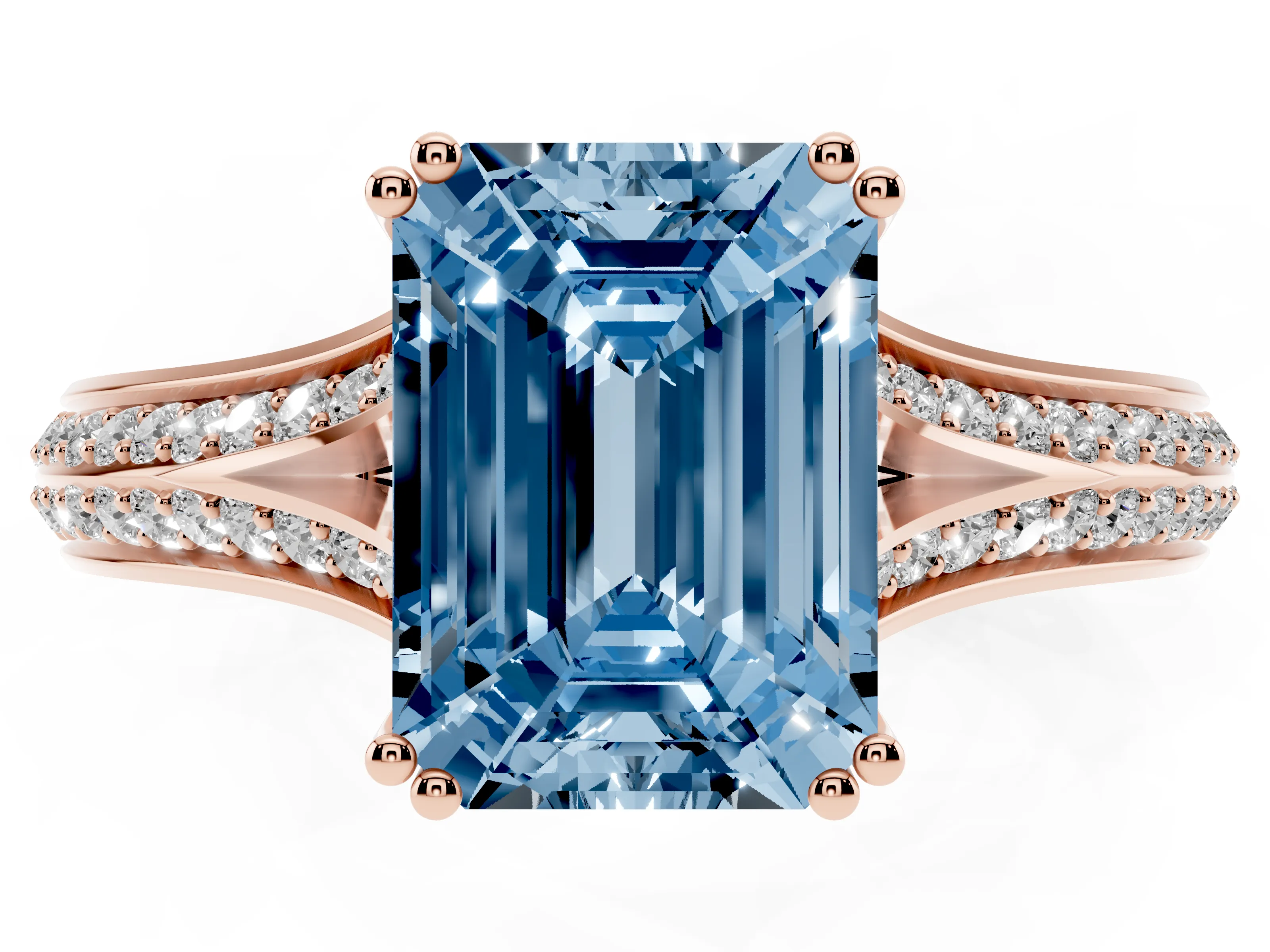 Fancy Blue Emerald Cut Diamond Split Shank Pavé Engagement Ring Set in Rose gold with Prong-Set Center Stone
