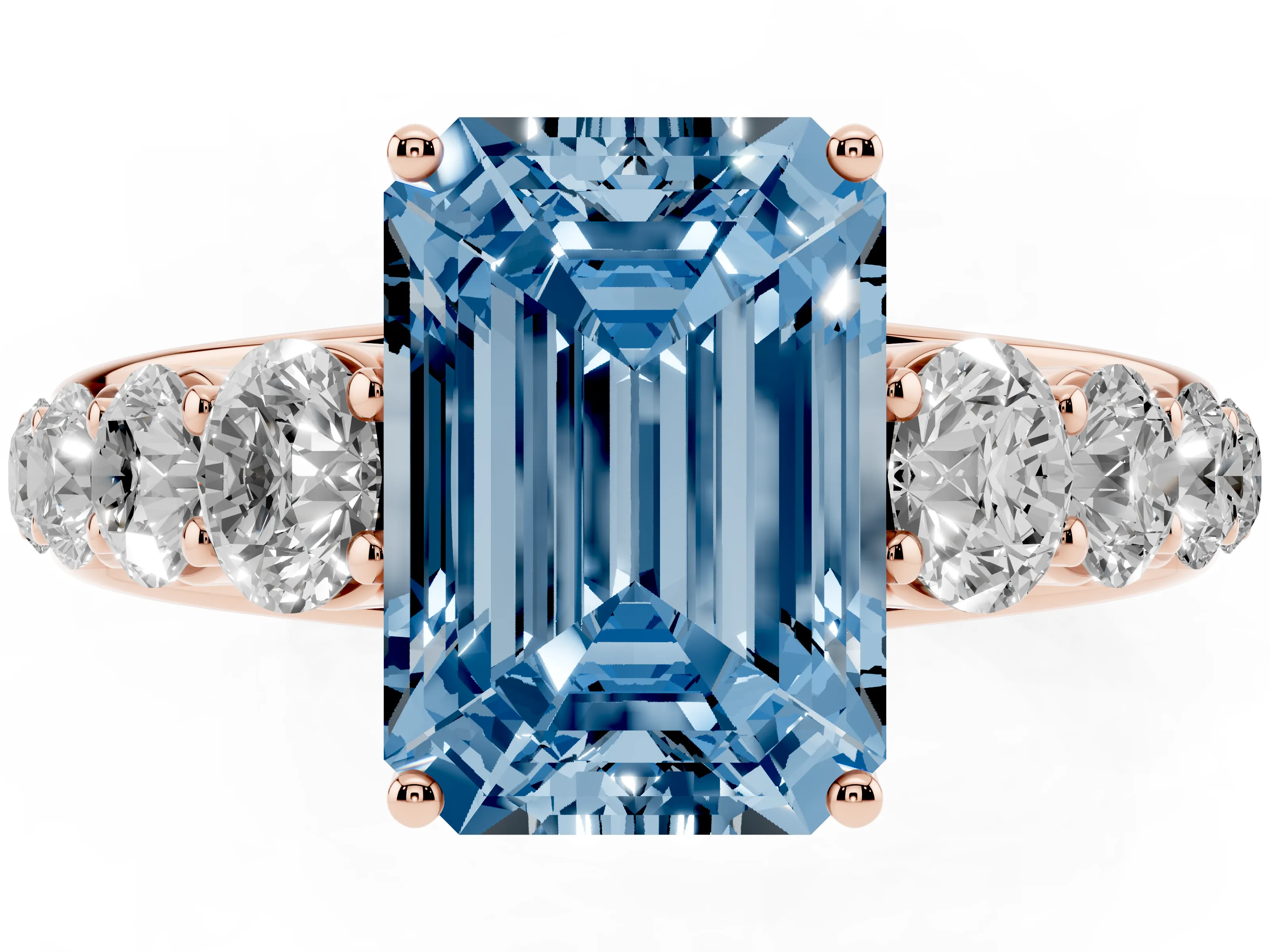 Fancy Blue Emerald Cut Diamond Solitaire Ring Set in Rose gold with Pavé-Set Band and Prong Setting