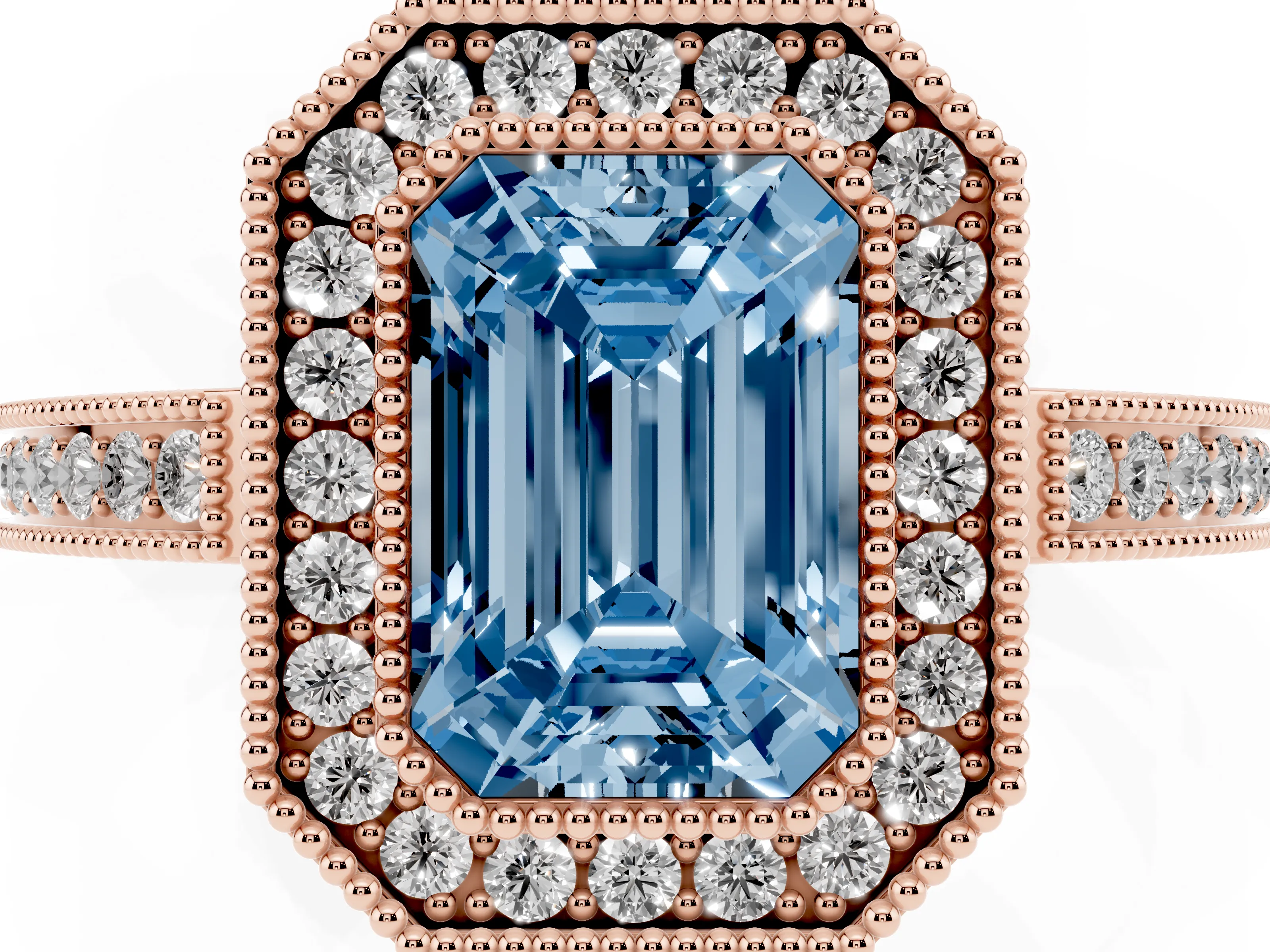 Fancy Blue Emerald Cut Diamond Halo Ring Set in Rose gold with Pavé Band and Milgrain-Edged Prongs