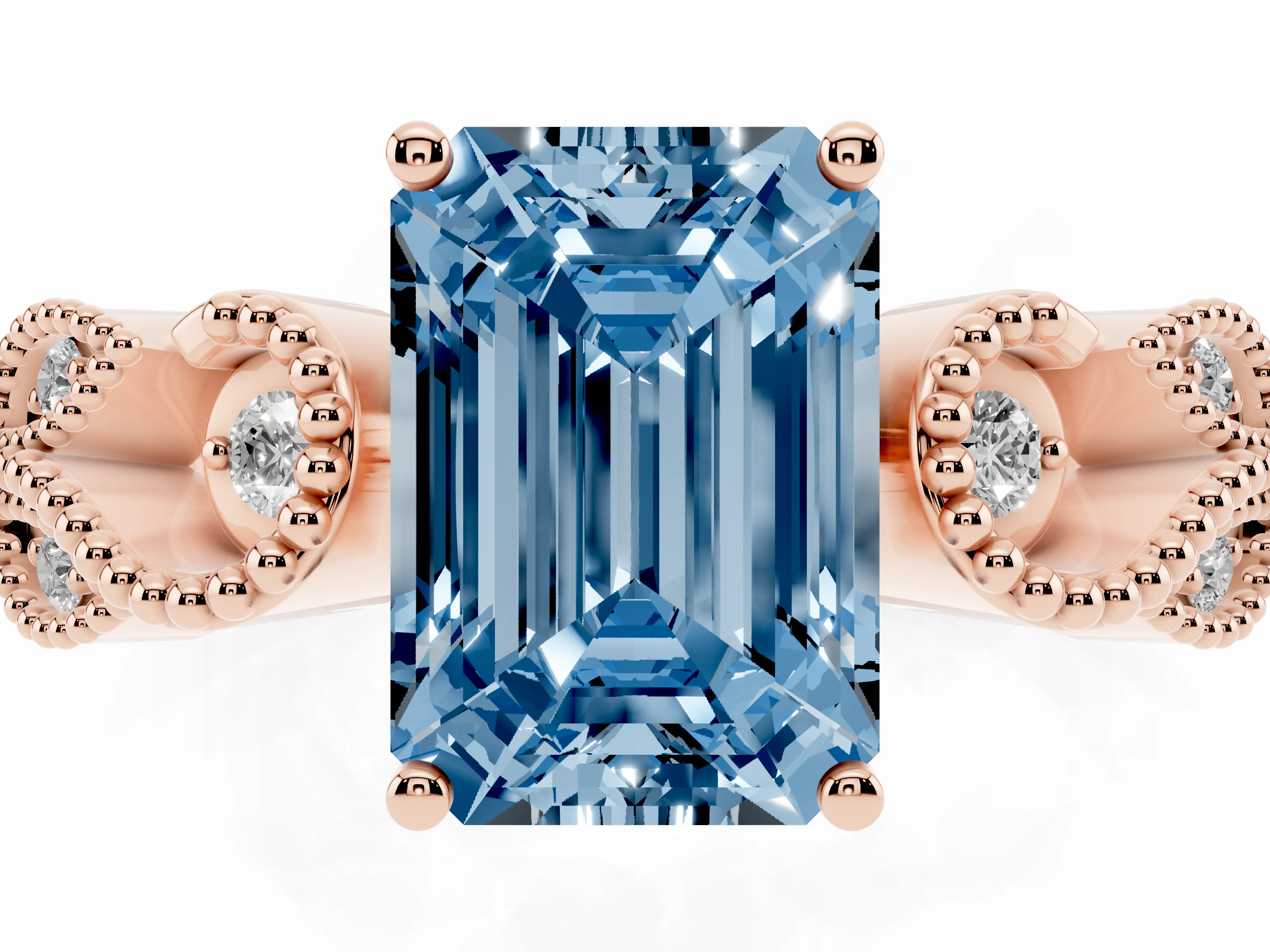 Fancy Blue Emerald Cut Diamond Milgrain Leaf Band Solitaire Ring Set in Rose gold with Accent Stones and Prong Setting