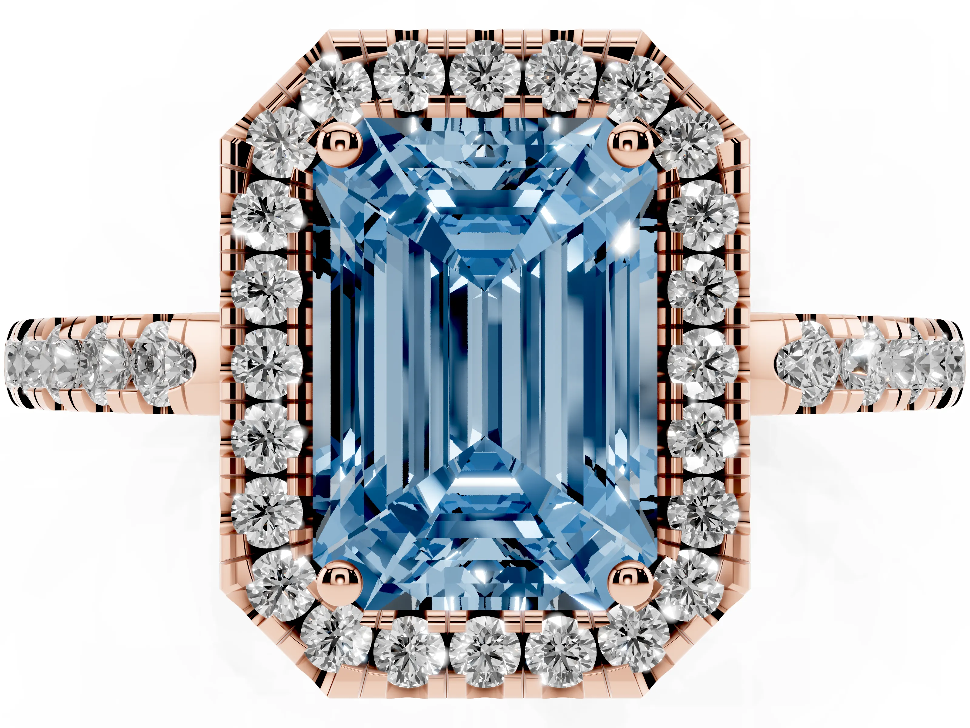 Fancy Blue Emerald Cut Diamond Pavé Band Halo Engagement Ring Set in Rose gold with Prong Setting