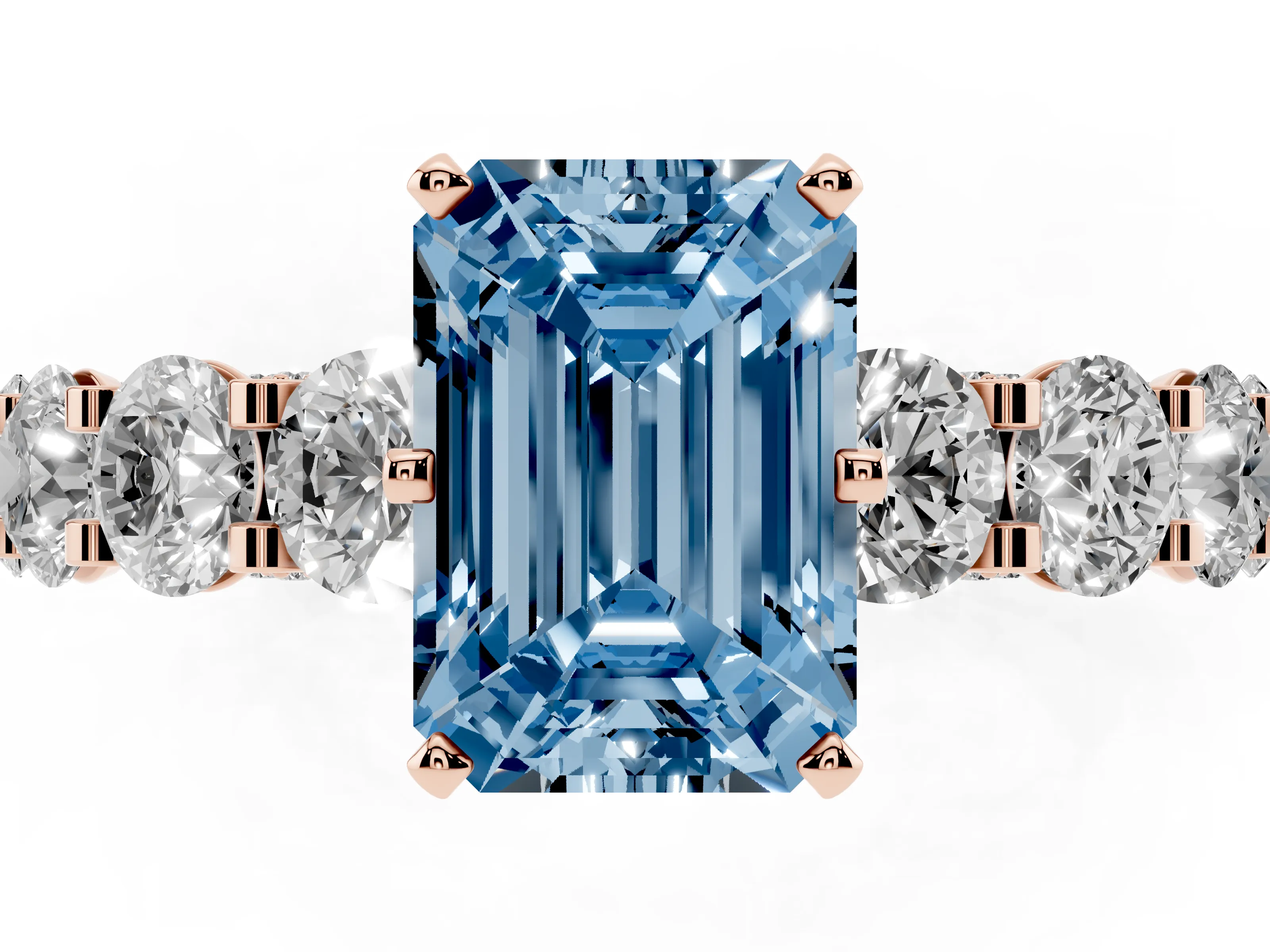 Fancy Blue Emerald Cut Diamond Side Stone Ring Set in Rose gold with Alternating Round and Oval Side Stones