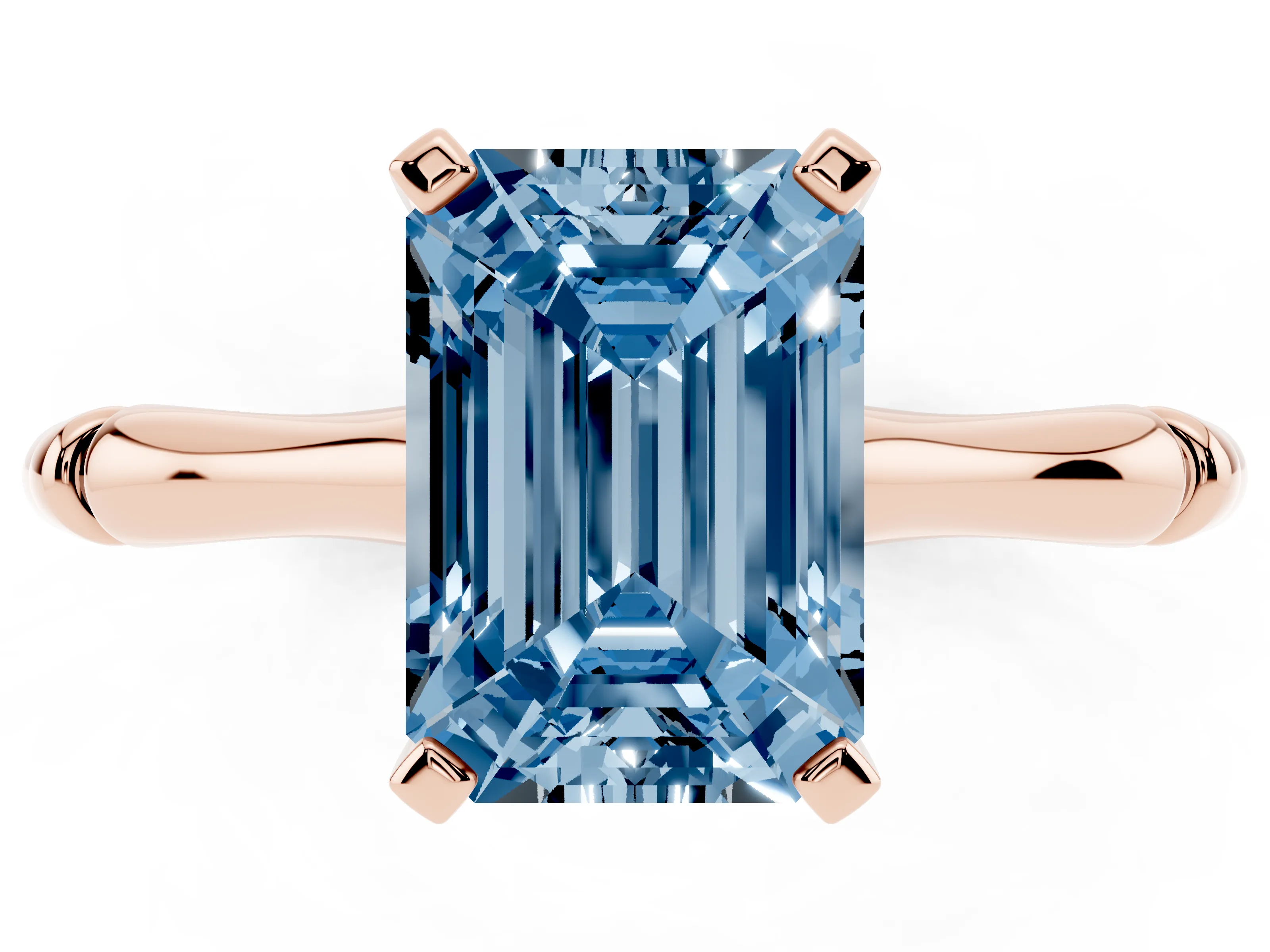 Fancy Blue Emerald Cut Diamond Solitaire Ring Set in Rose gold with Bamboo Band and Prong Setting
