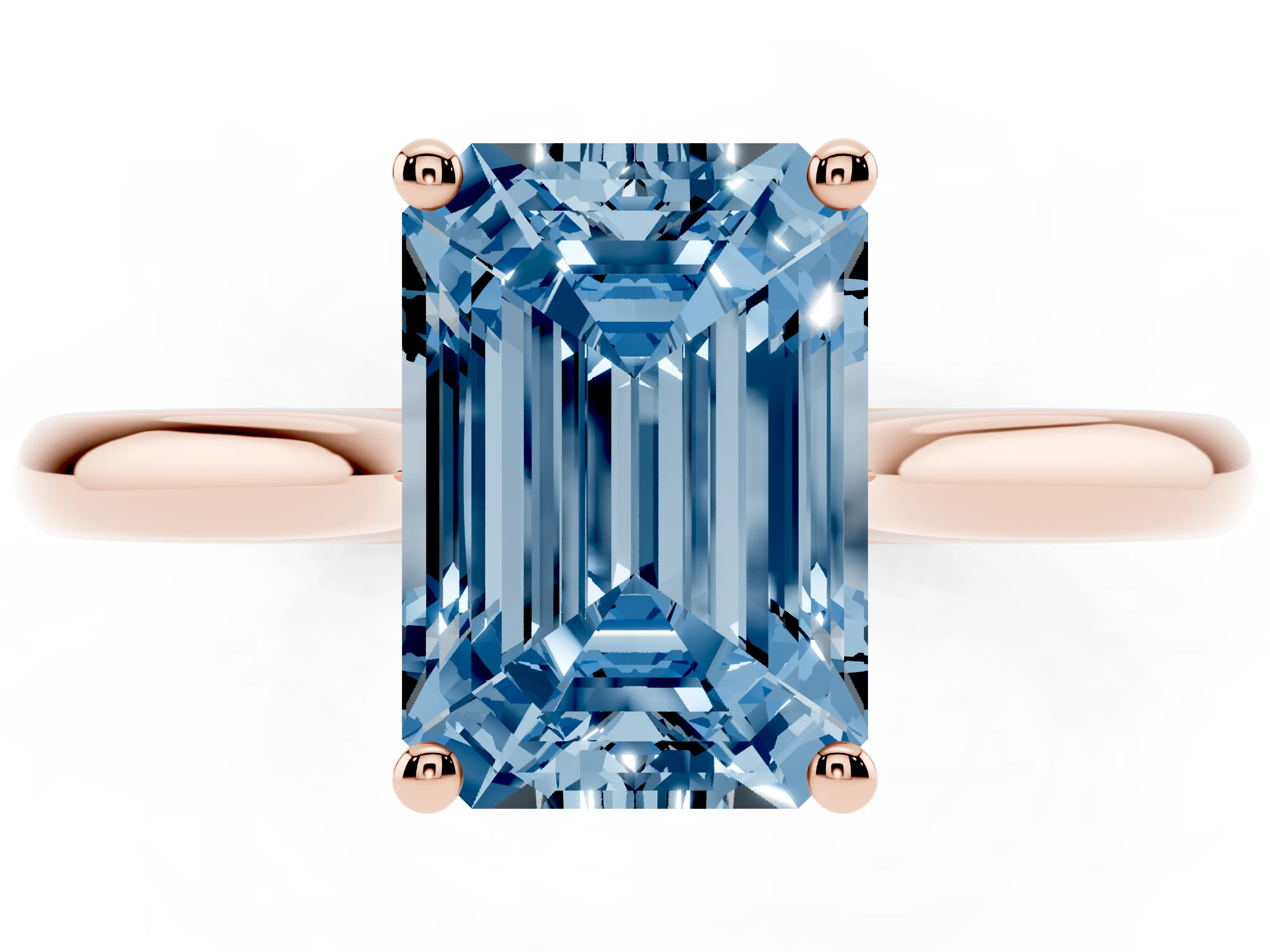 Fancy Blue Emerald Cut Diamond Solitaire Ring Set in Rose gold with Cathedral Band and Prong Setting