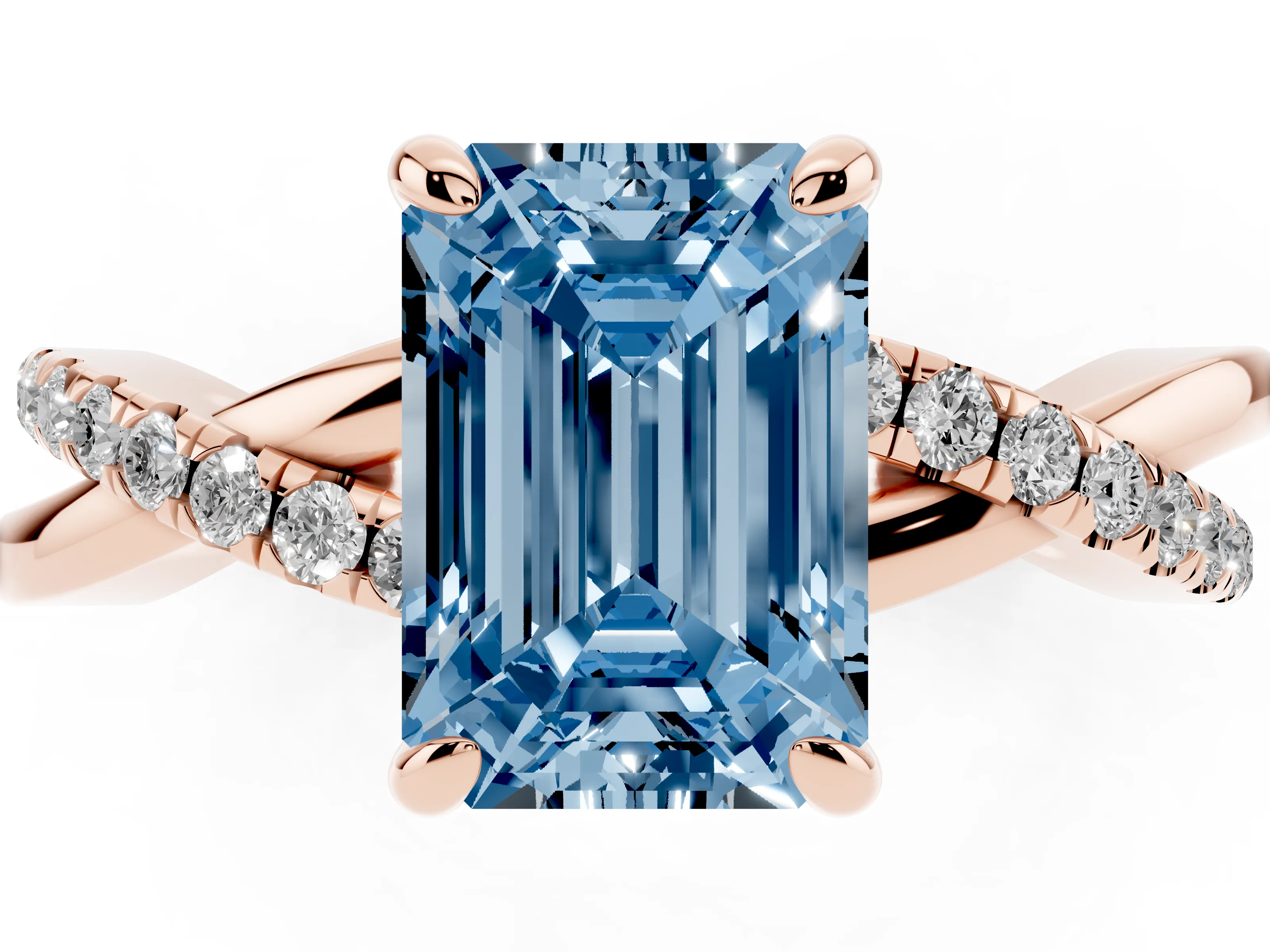 Fancy Blue Emerald Cut Diamond Twist Band Pavé Solitaire Ring Set in Rose gold with Prong Setting