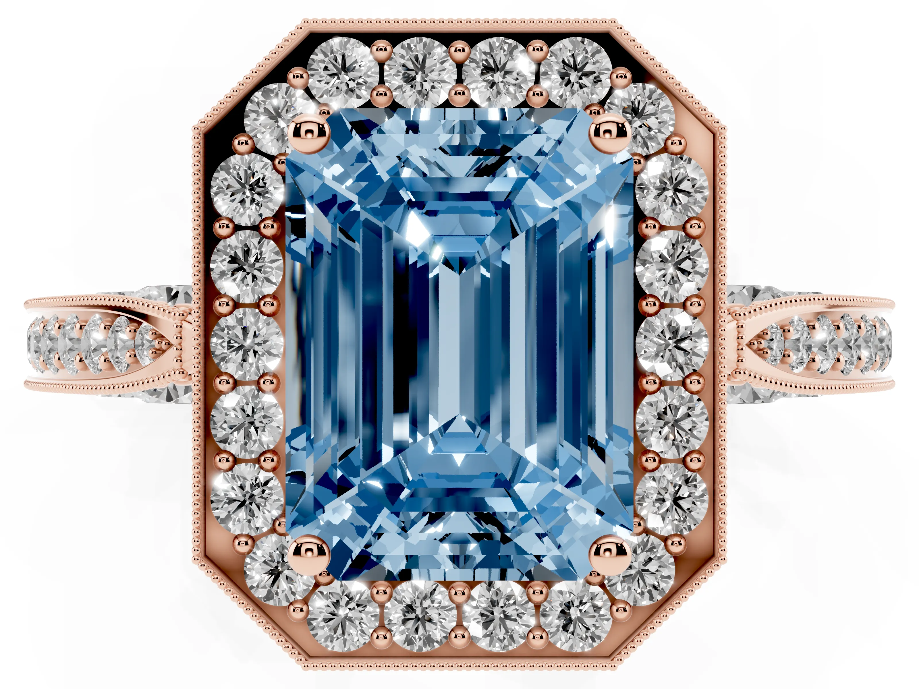 Fancy Blue Emerald Cut Diamond Halo Engagement Ring Set in Rose gold with Accent Split Shank Band
