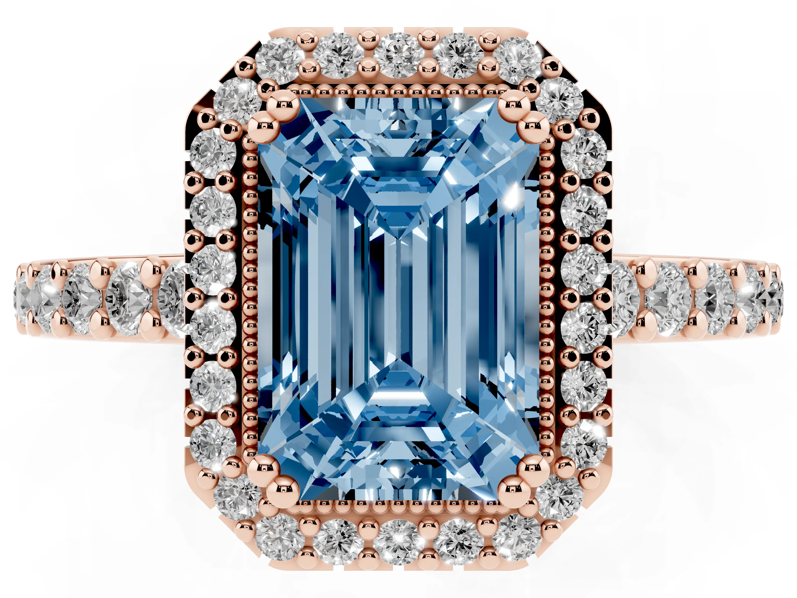 Fancy Blue Emerald Cut Diamond Halo Engagement Ring Set in Rose gold with Milgrain Detail and Pavé Band