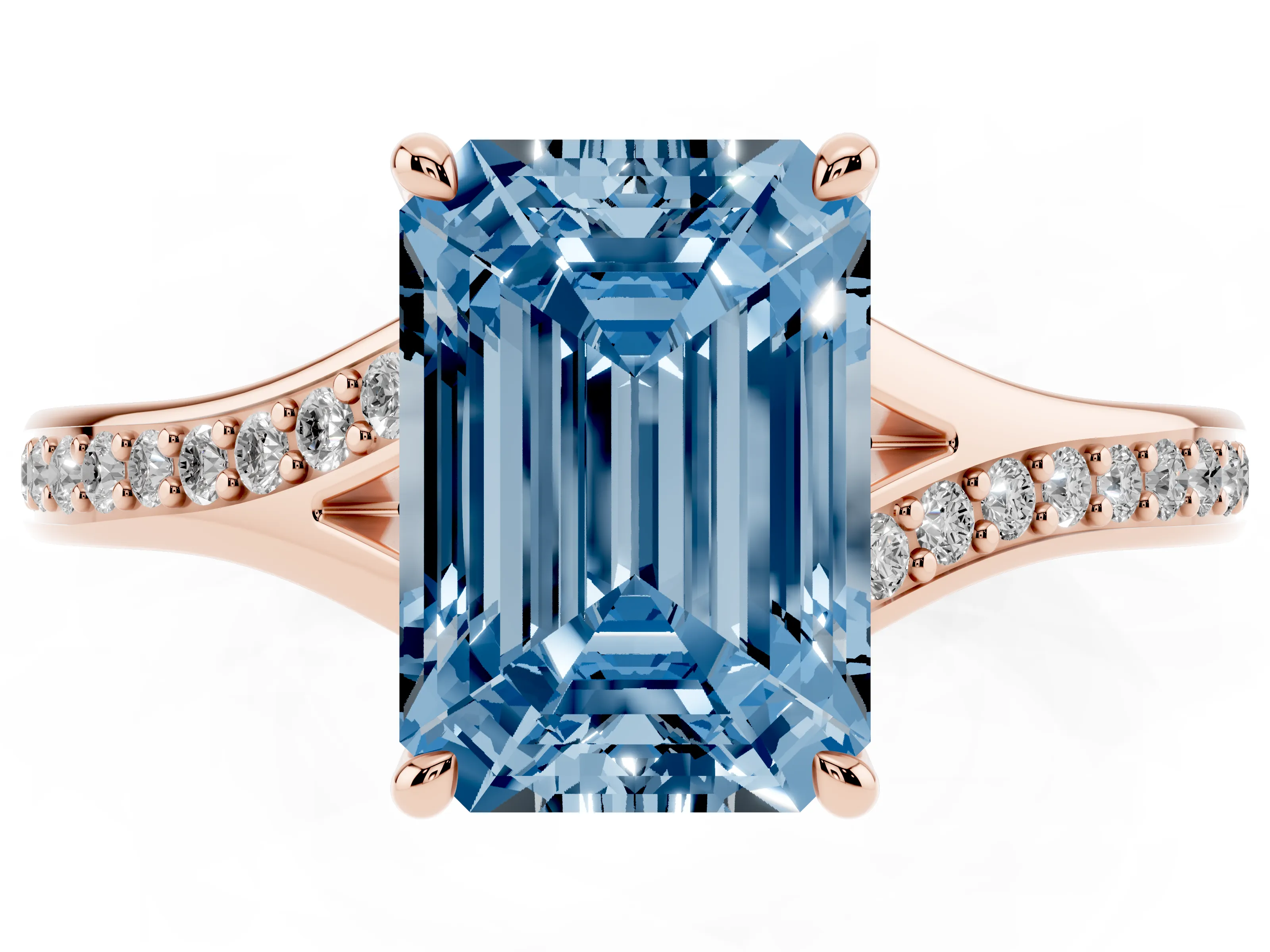 Fancy Blue Emerald Cut Diamond Solitaire Ring Set in Rose gold with Pavé Accent Band and Classic Prong Setting