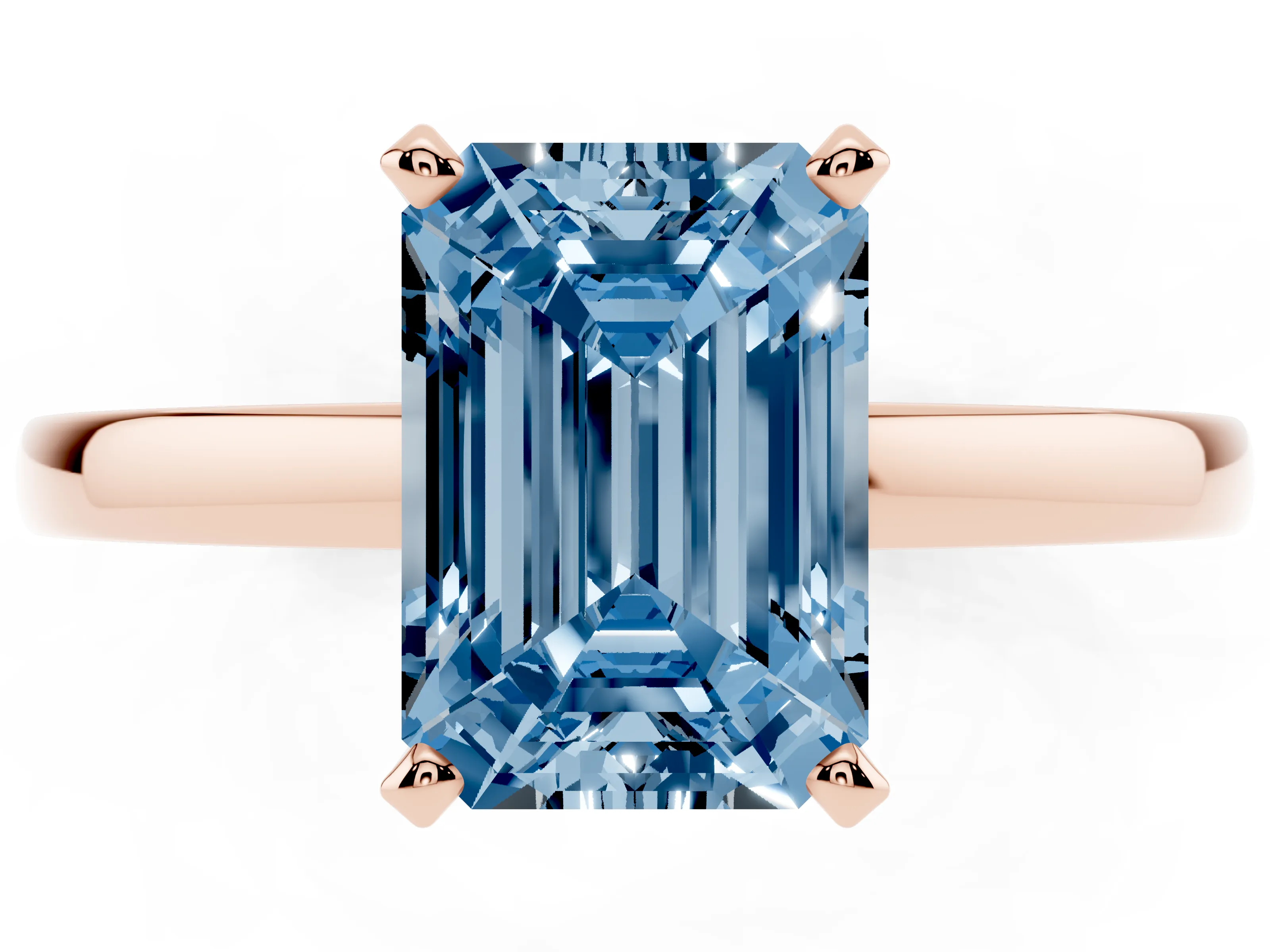 Fancy Blue Emerald Cut Diamond Solitaire Engagement Ring Set in Rose gold with Prong Setting on a Classic Band