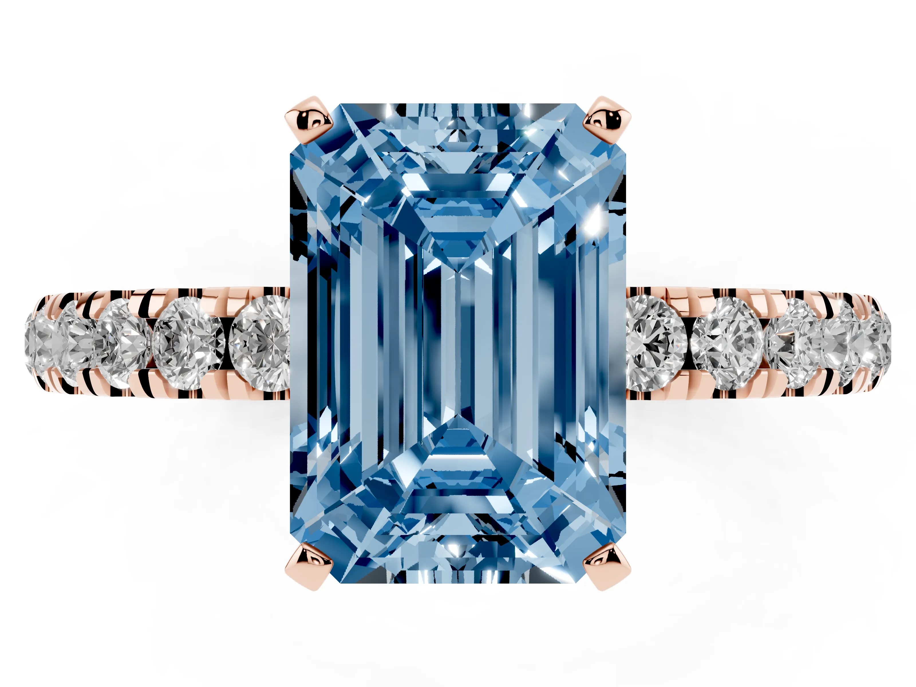 Fancy Blue Emerald Cut Diamond Solitaire Ring Set in Rose gold with Pavé Accents and Prong Setting