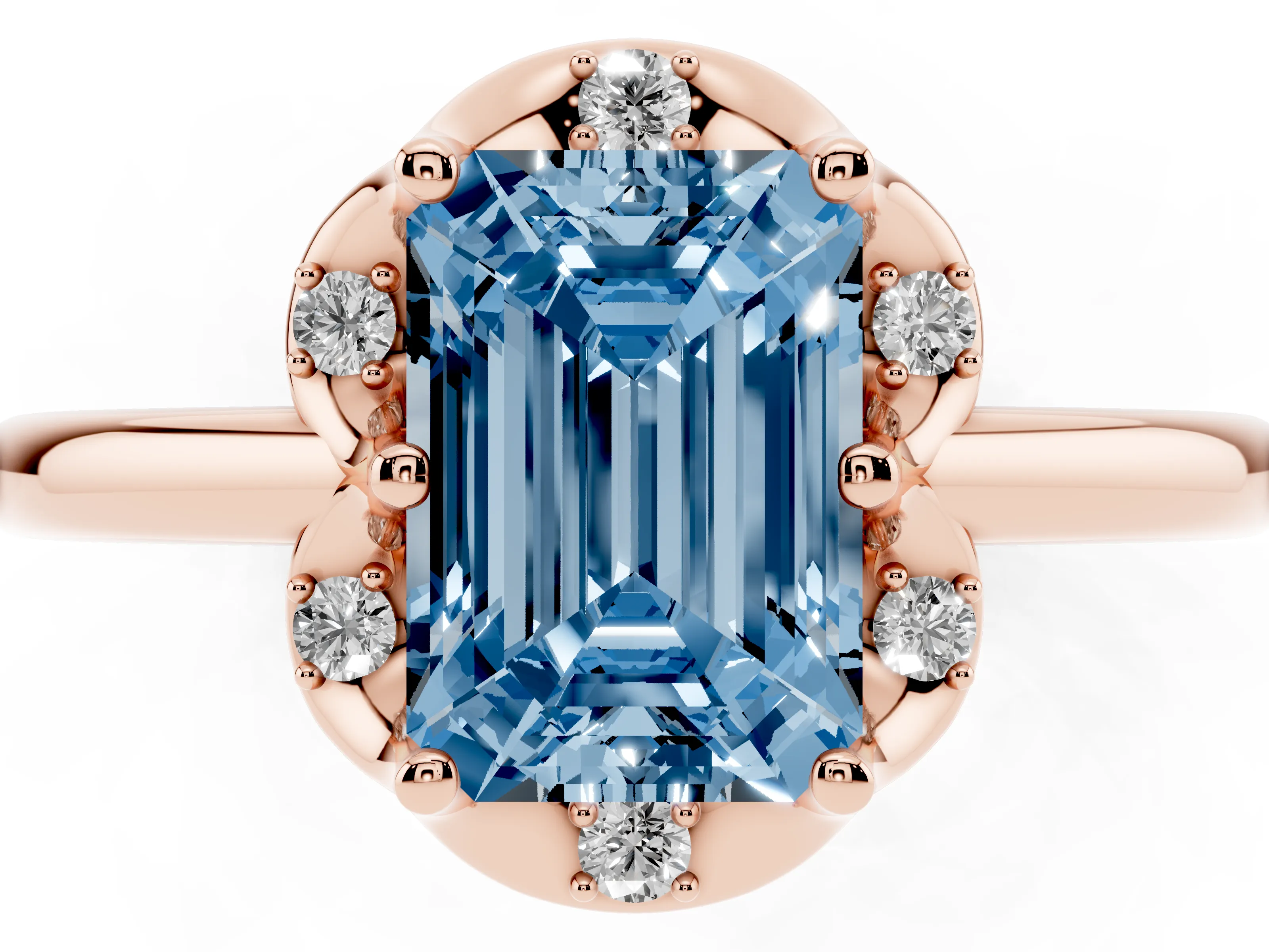 Fancy Blue Emerald Cut Diamond Round Cluster Halo Ring Set in Rose gold with Solitaire Band and Prong Setting