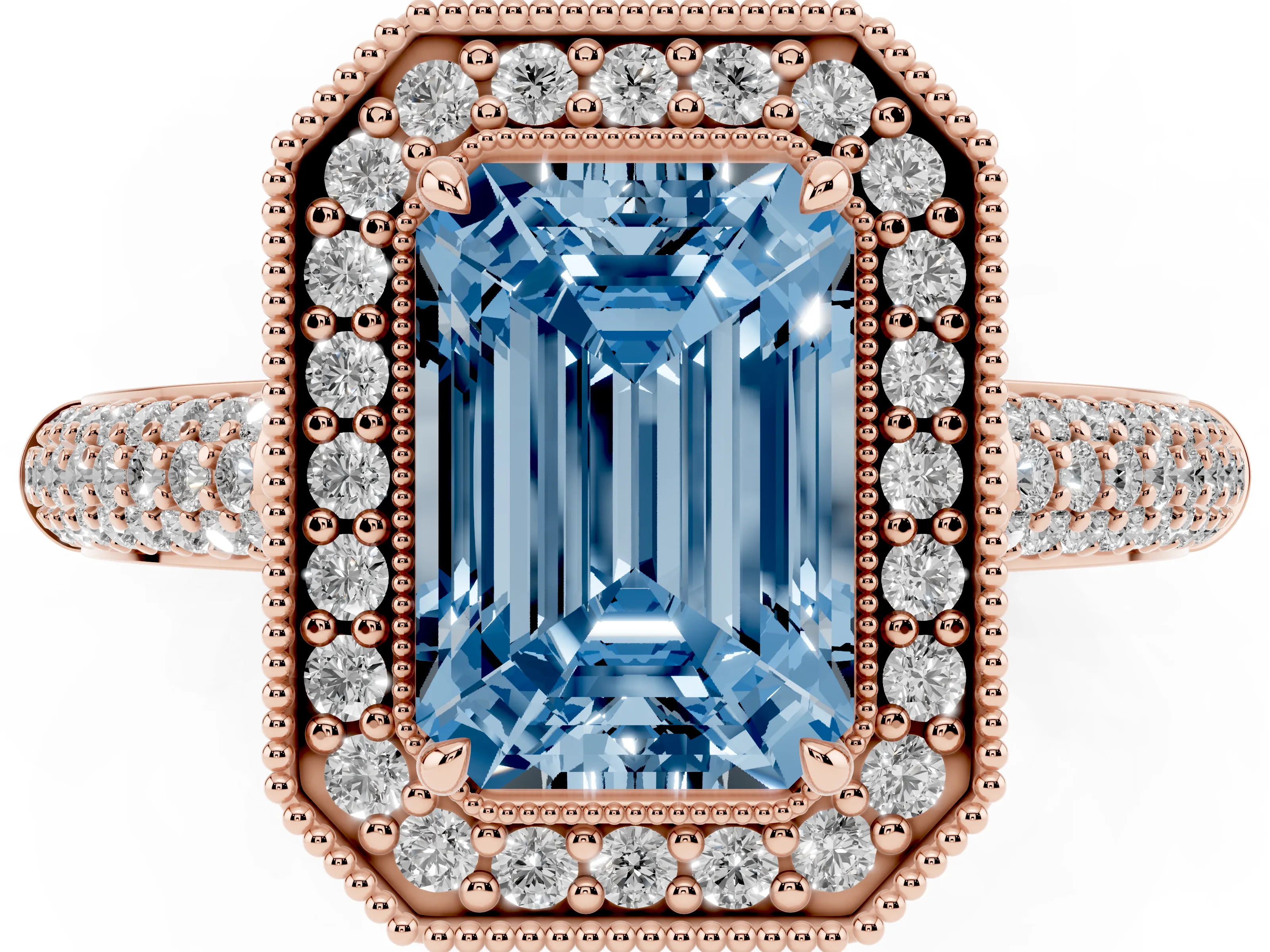 Fancy Blue Emerald Cut Diamond Halo Pavé Band Set in Rose gold with Prong Setting