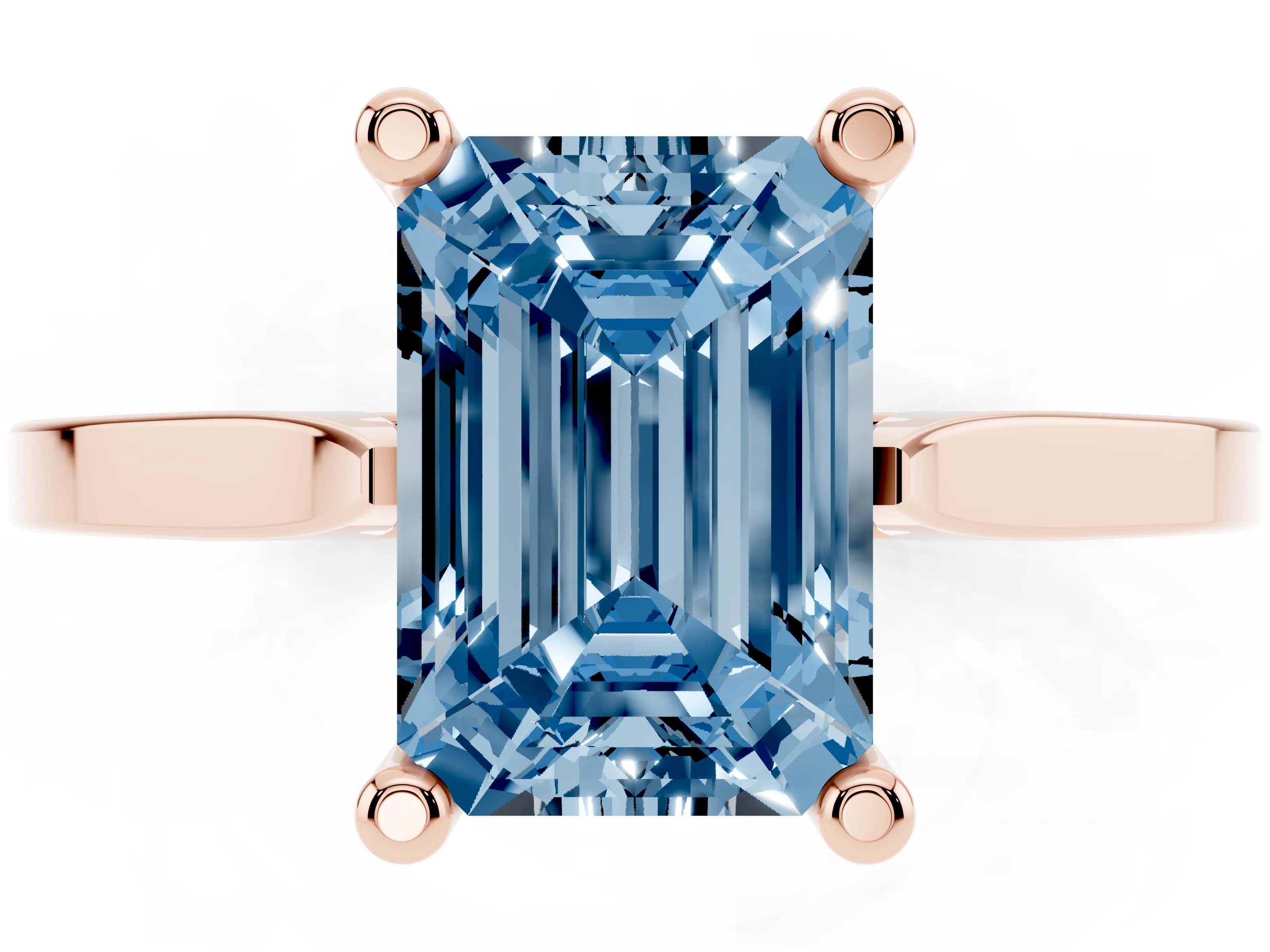 Fancy Blue Emerald Cut Diamond Solitaire Ring Set in Rose gold with Prong Setting and Tapered Band