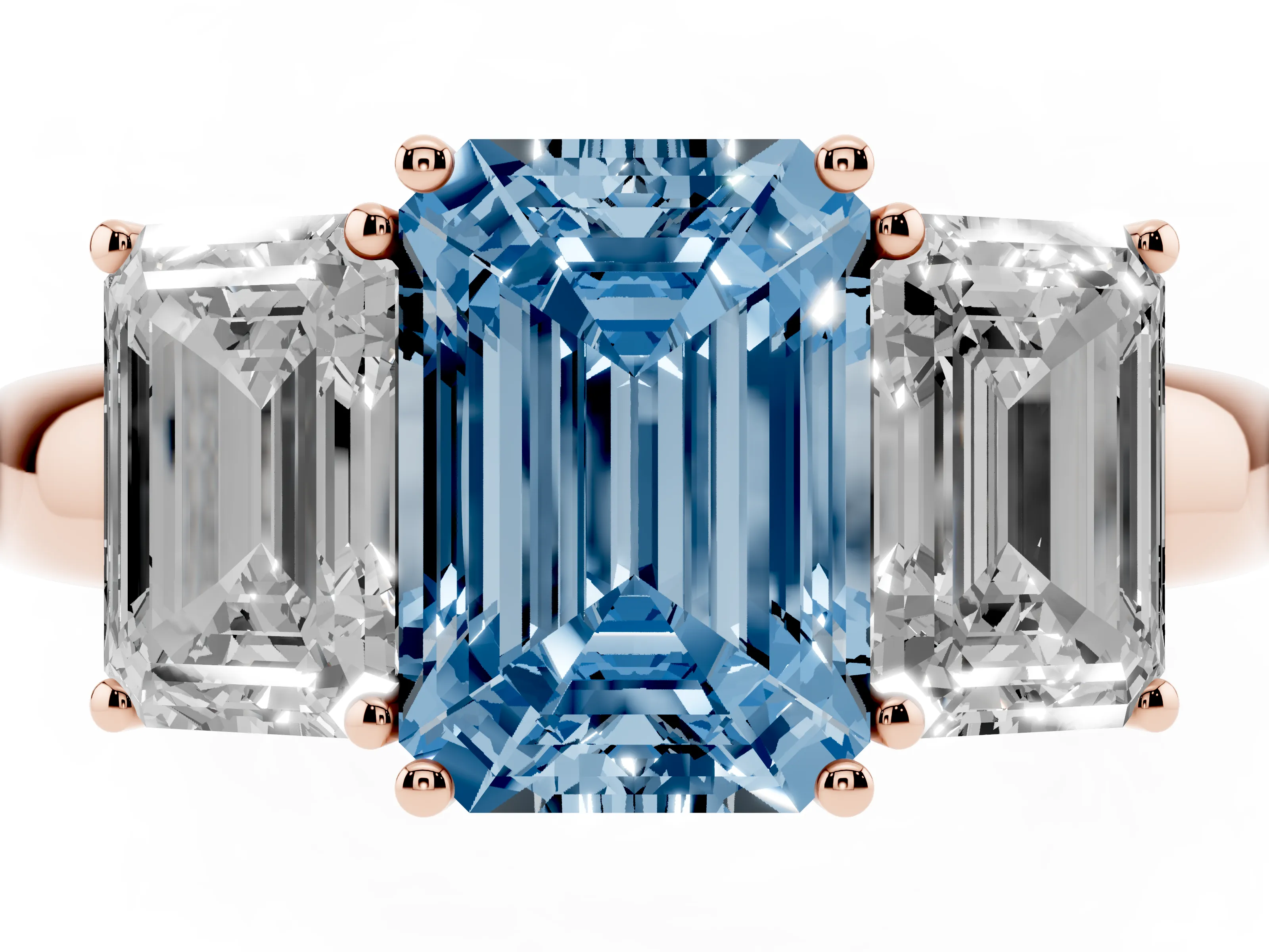 Fancy Blue Emerald Cut Diamond Three-Stone Ring Set in Rose gold with Bold Center and Classic Band