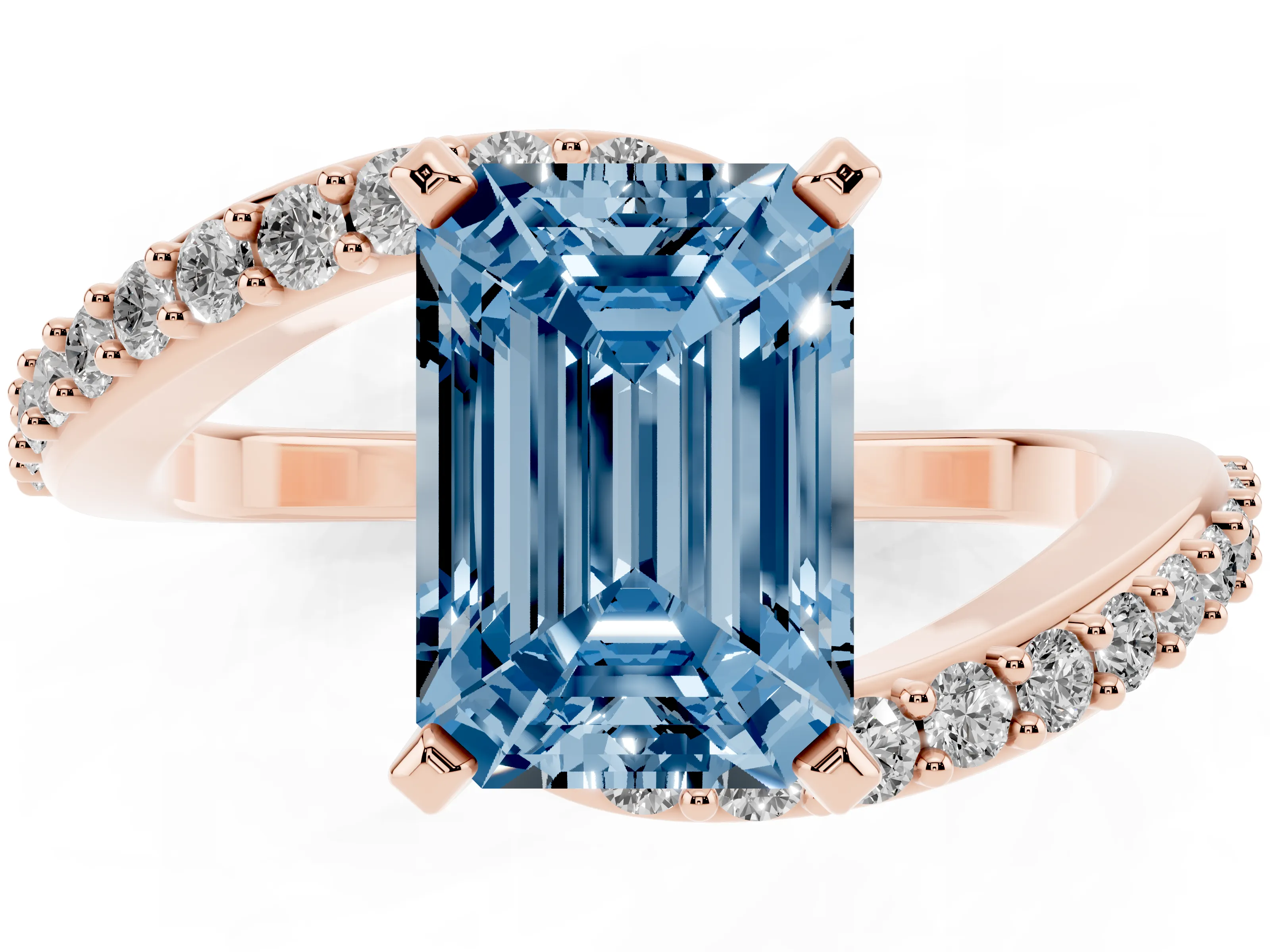 Fancy Blue Emerald Cut Diamond Solitaire Ring Set in Rose gold with Pavé Twist Band and Prong Setting