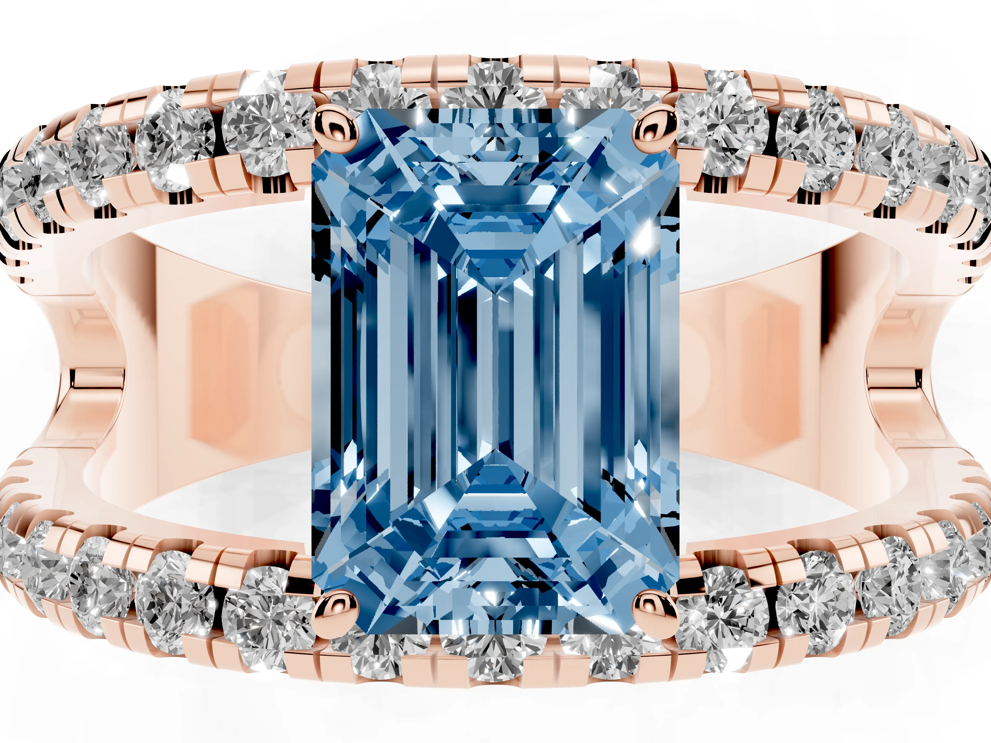 Fancy Blue Emerald Cut Diamond Split Shank Pavé Solitaire Ring Set in Rose gold with Open Shank Design