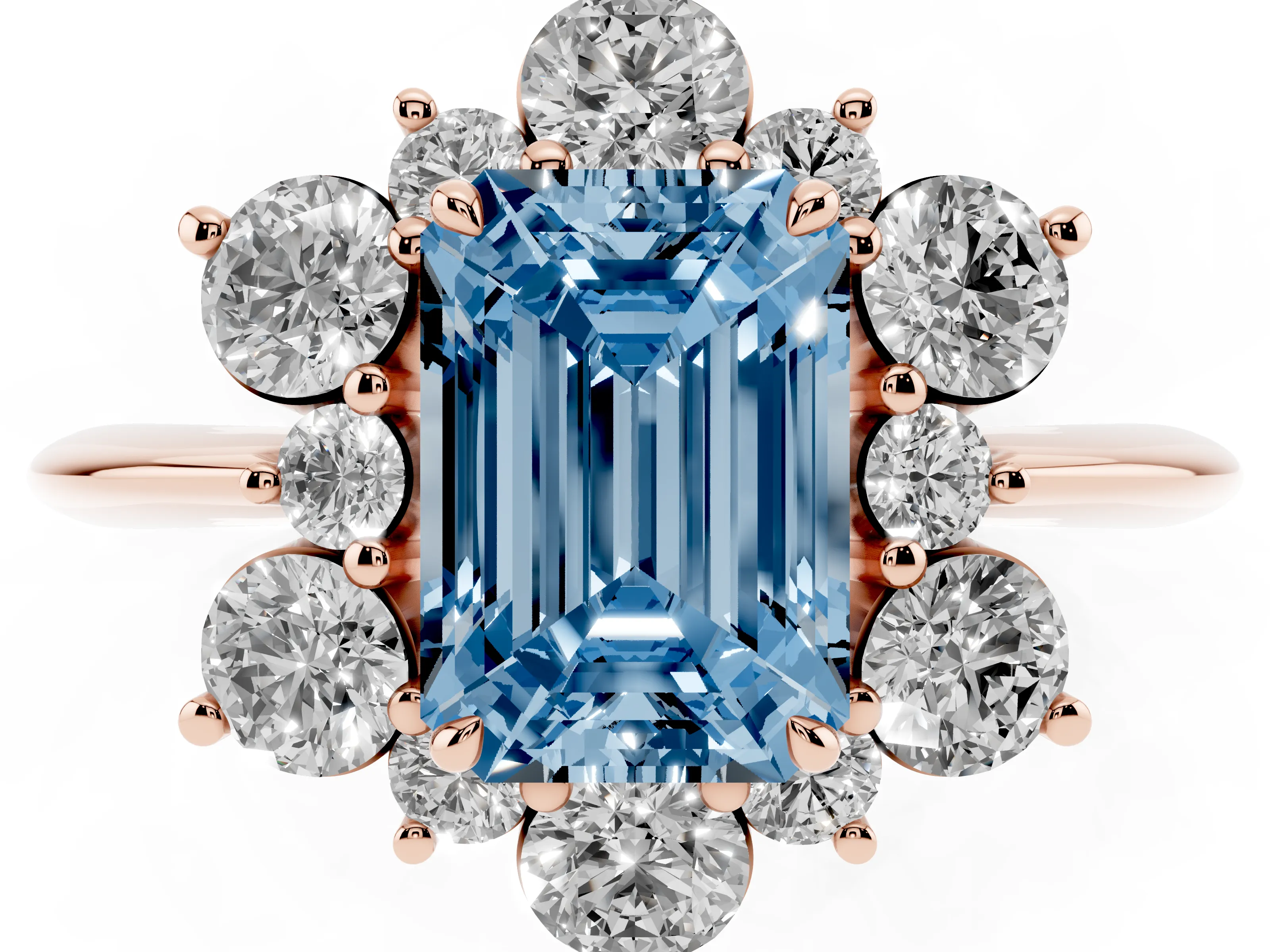 Fancy Blue Emerald Cut Diamond Cluster Halo Ring Set in Rose gold with Solitaire Band and Prong Setting