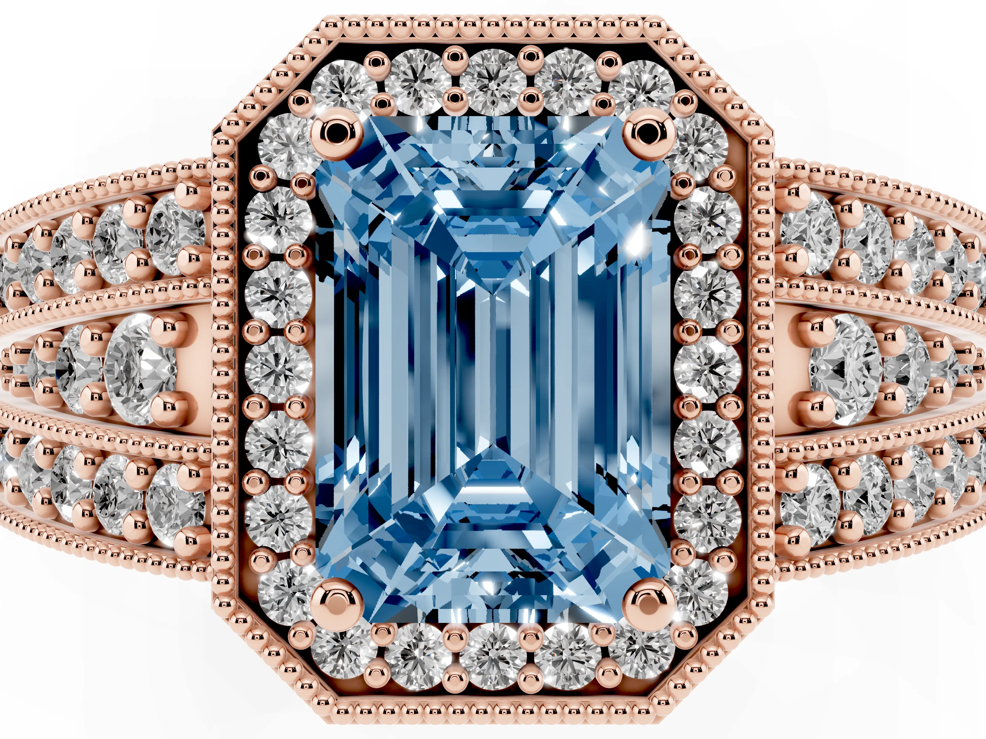 Fancy Blue Emerald Cut Diamond Halo Ring Set in Rose gold with Accent Split Shank and Prong Setting
