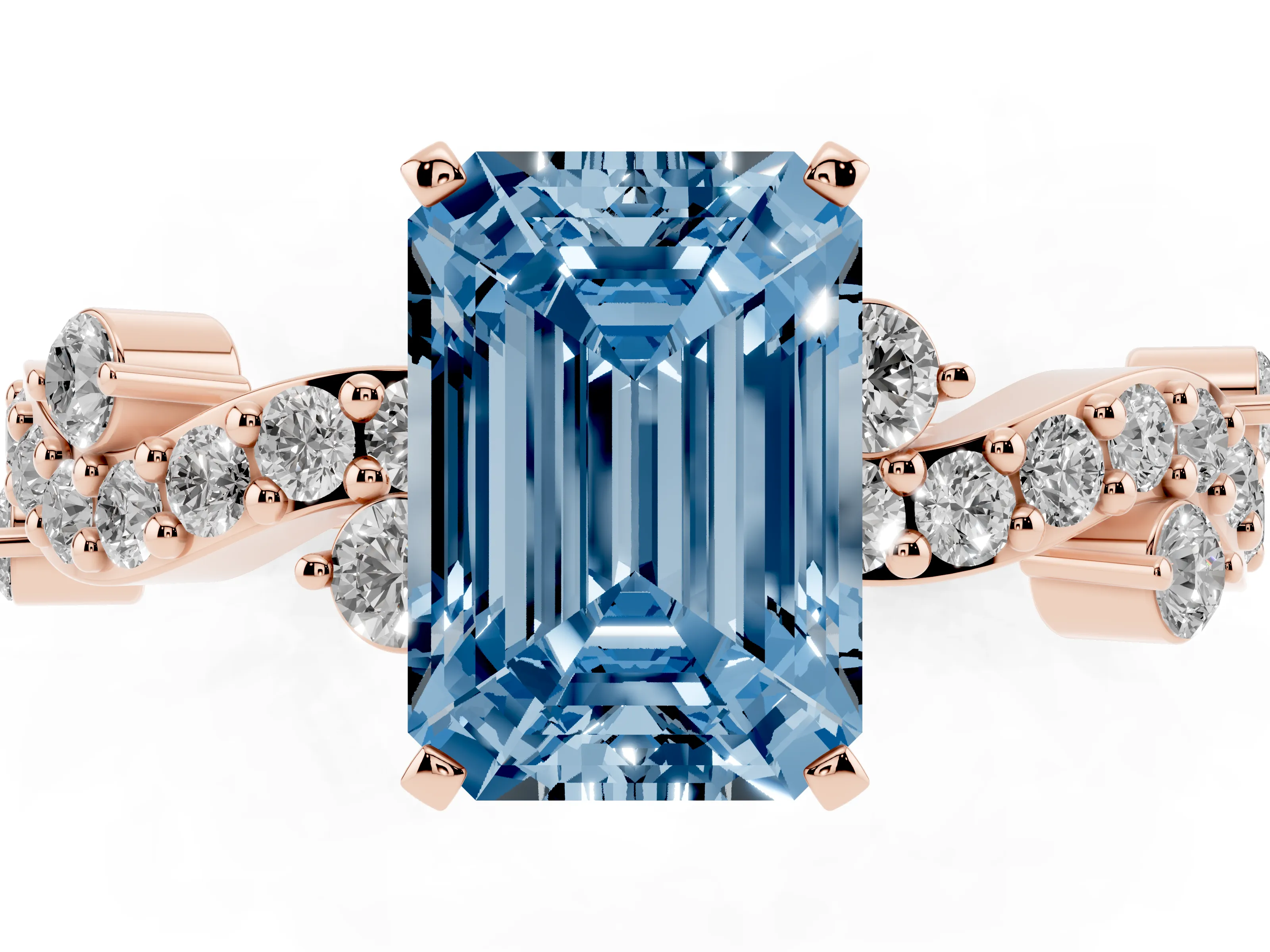 Fancy Blue Emerald Cut Diamond Solitaire Twisted Band Set in Rose gold with Pavé Setting
