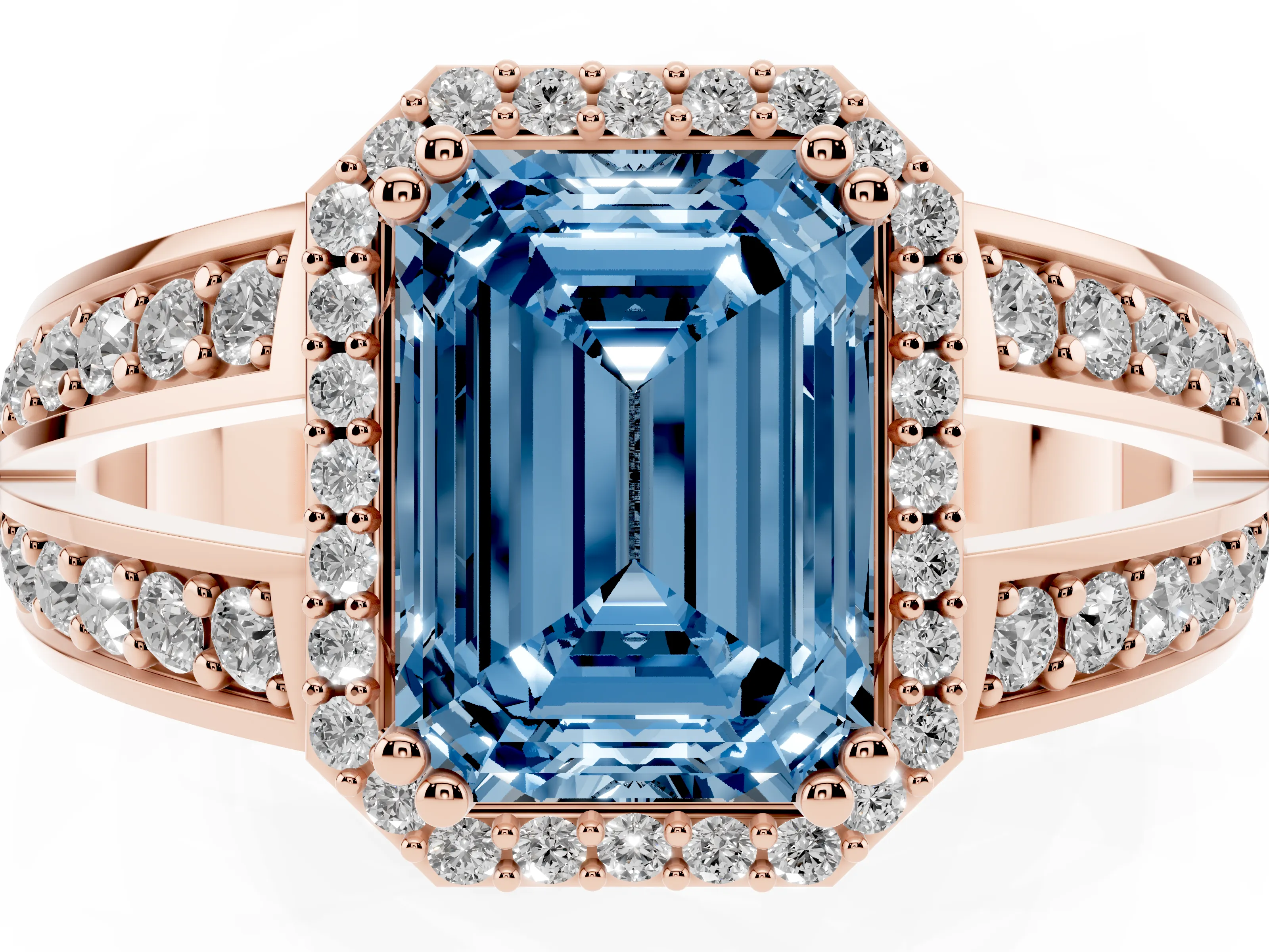 Fancy Blue Emerald Cut Diamond Halo Ring Set in Rose gold with Double Pavé Split Shank