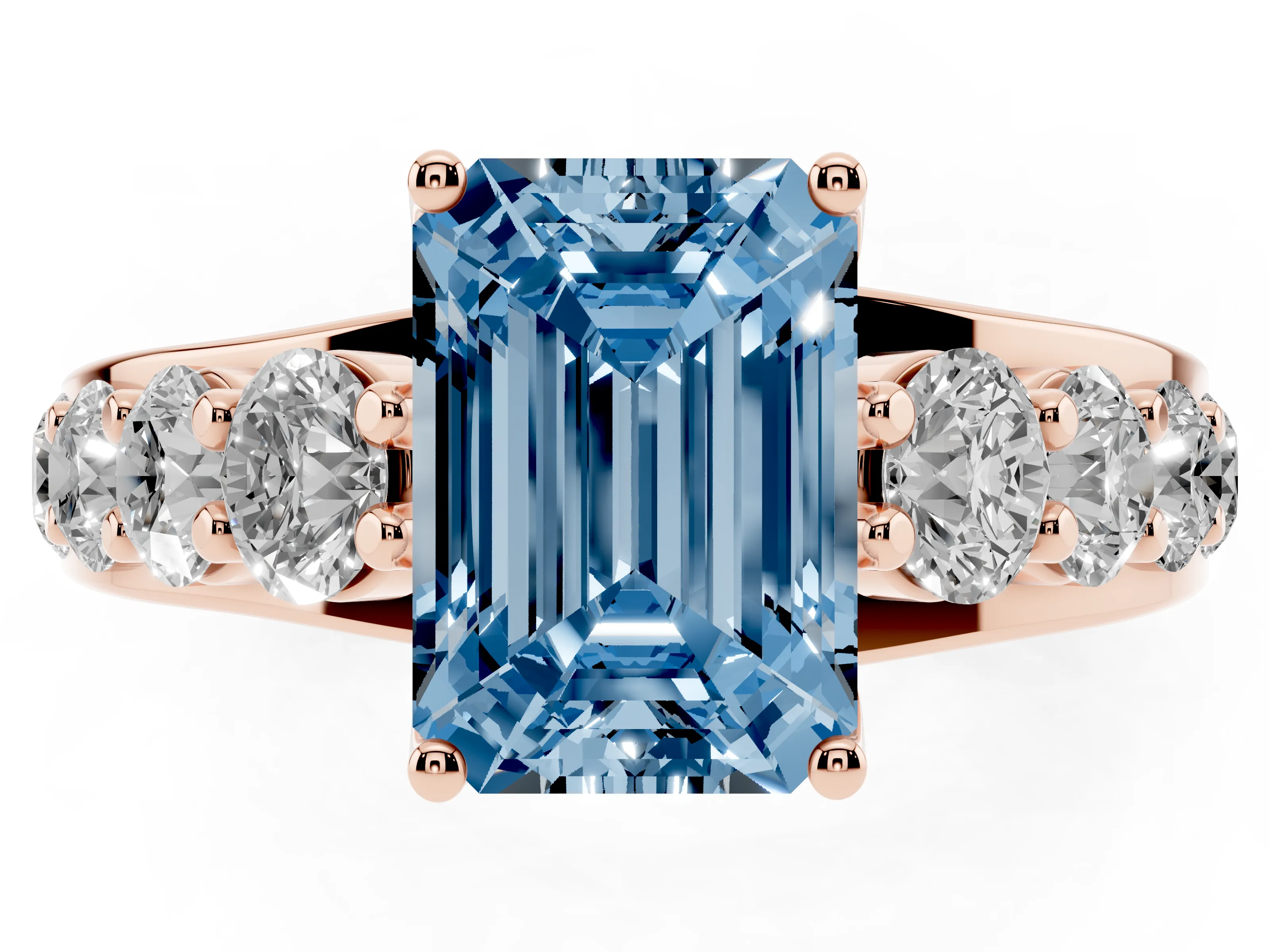 Fancy Blue Emerald Cut Diamond Pavé Engagement Ring Set in Rose gold with Prong Setting