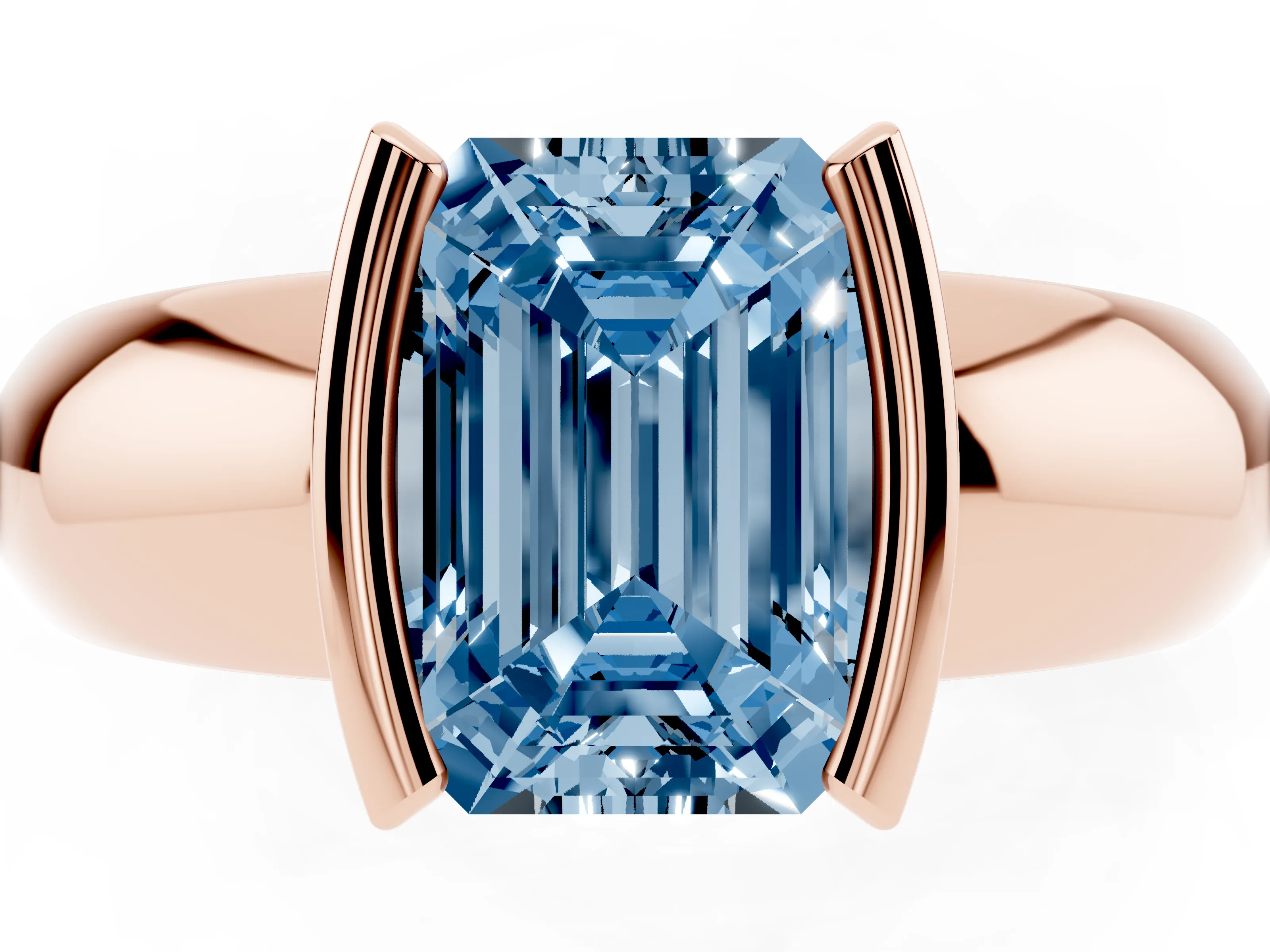 Fancy Blue Emerald Cut Diamond Solitaire Tension Set Ring Set in Rose gold with Wide Band