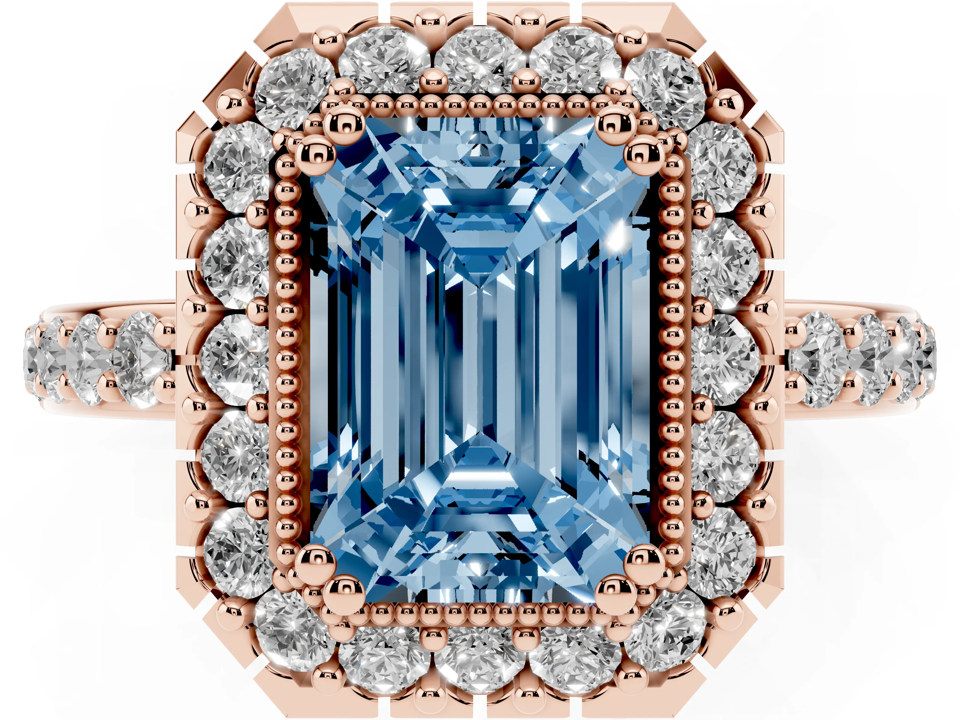 Fancy Blue Emerald Cut Diamond Halo Ring Set in Rose gold with Pavé Shank and Prong Setting