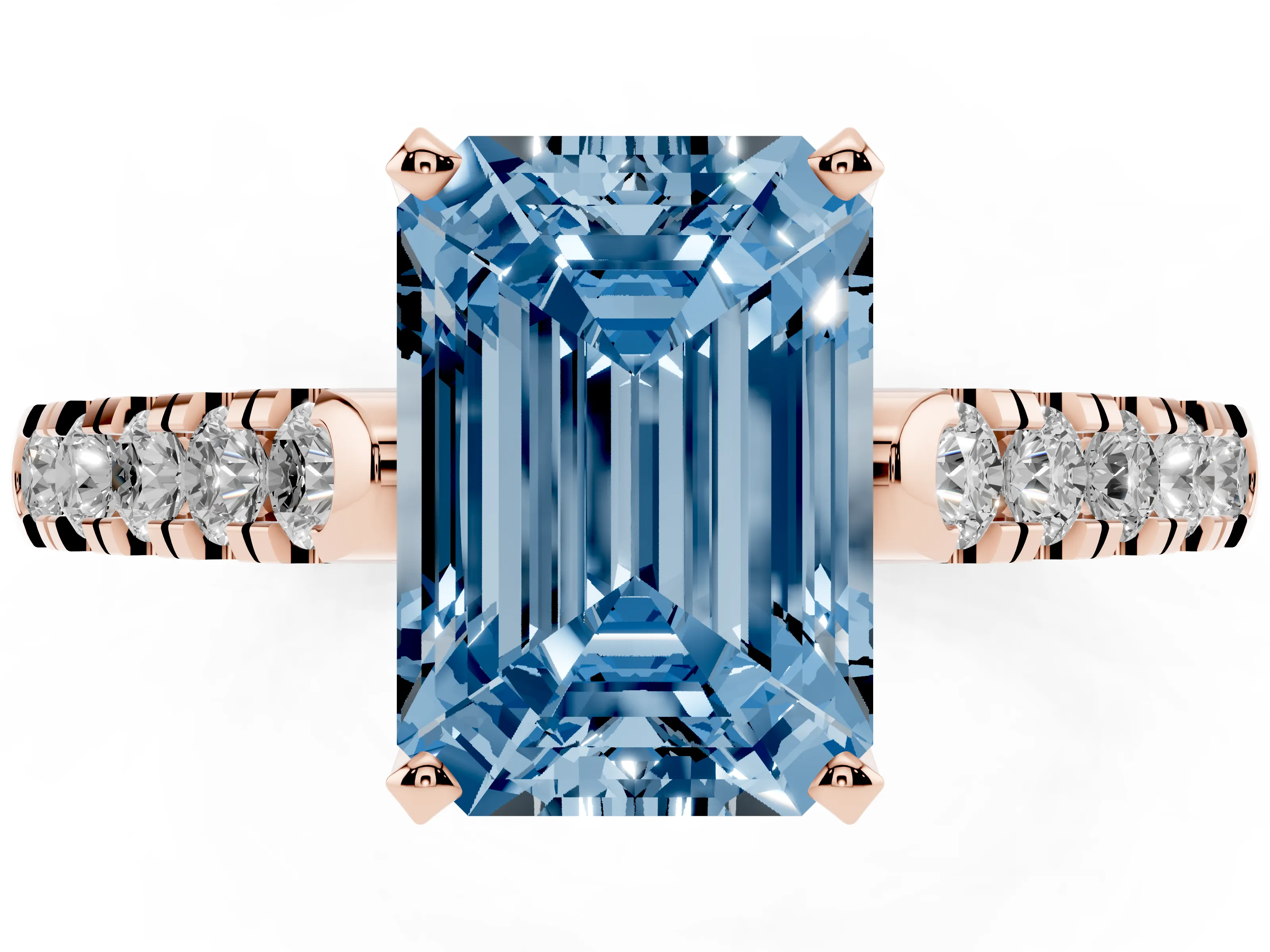 Fancy Blue Emerald Cut Diamond Pavé Band Solitaire Ring Set in Rose gold with Partway Accent Stones and Prong Setting