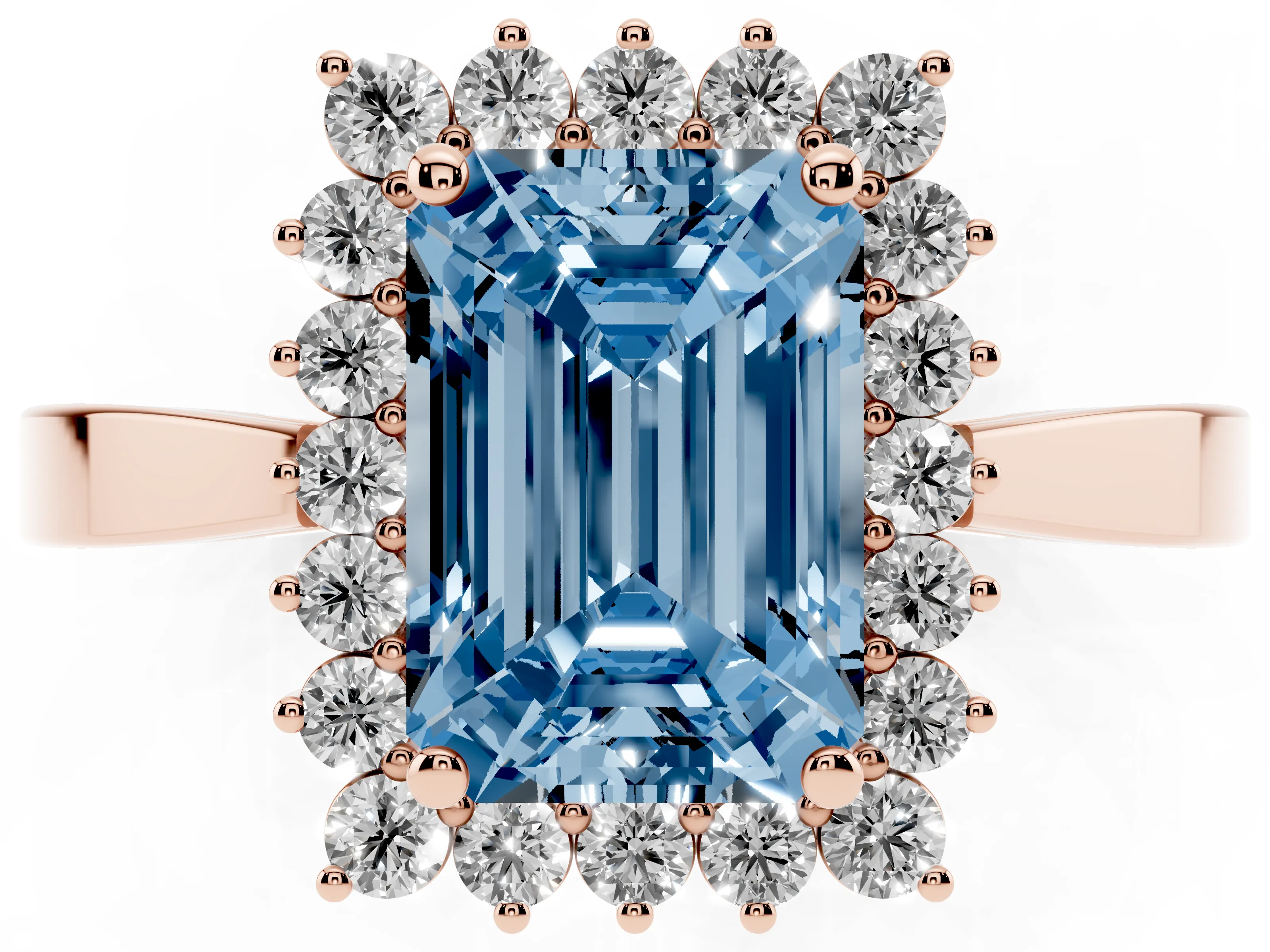 Fancy Blue Emerald Cut Diamond Halo Ring Set in Rose gold with Round Halo and Smooth Solitaire Band