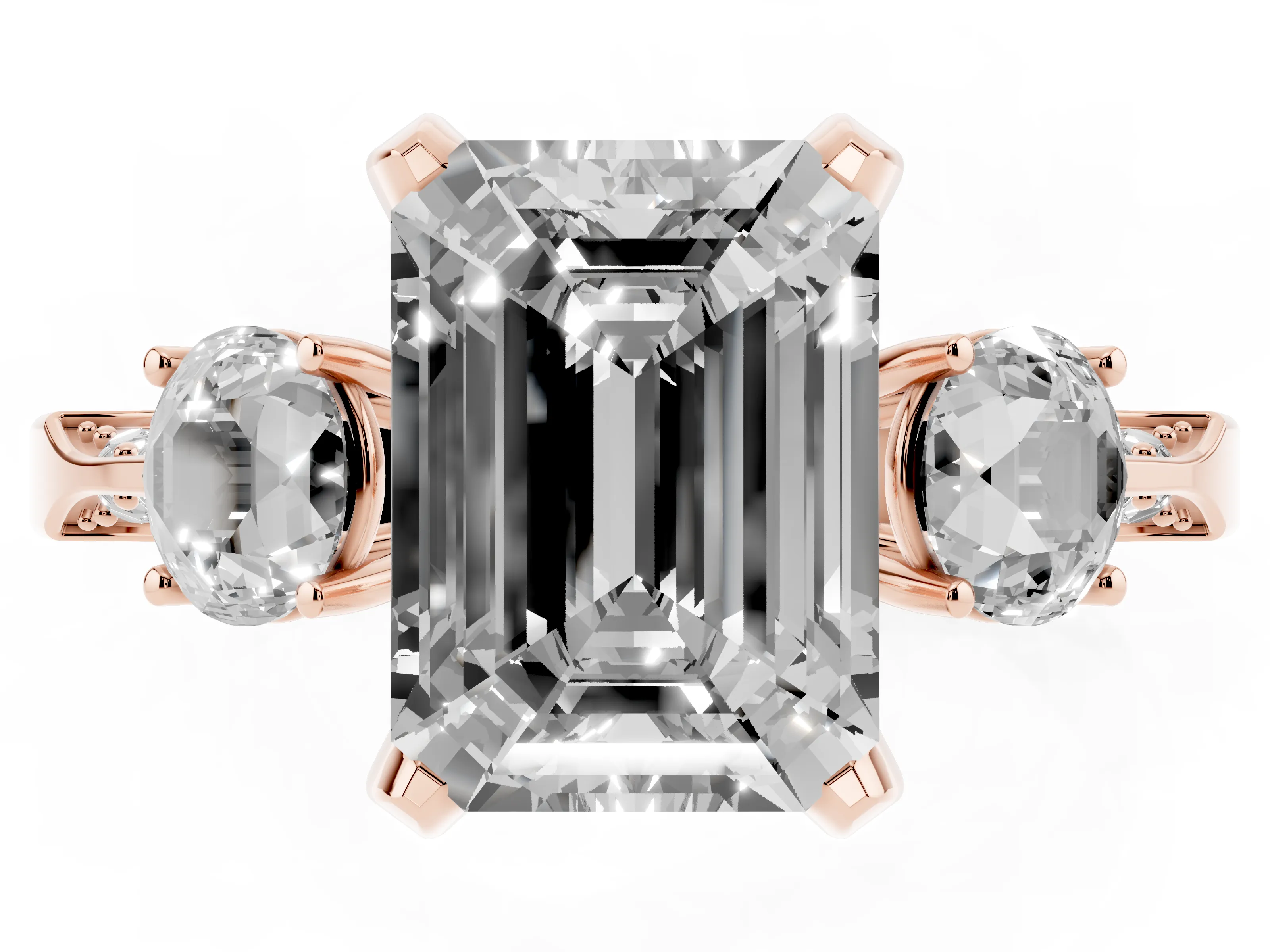 Fancy Blue Emerald Cut Diamond Three-Stone Ring Set in Rose gold with Pavé Band and Smaller Side Stones