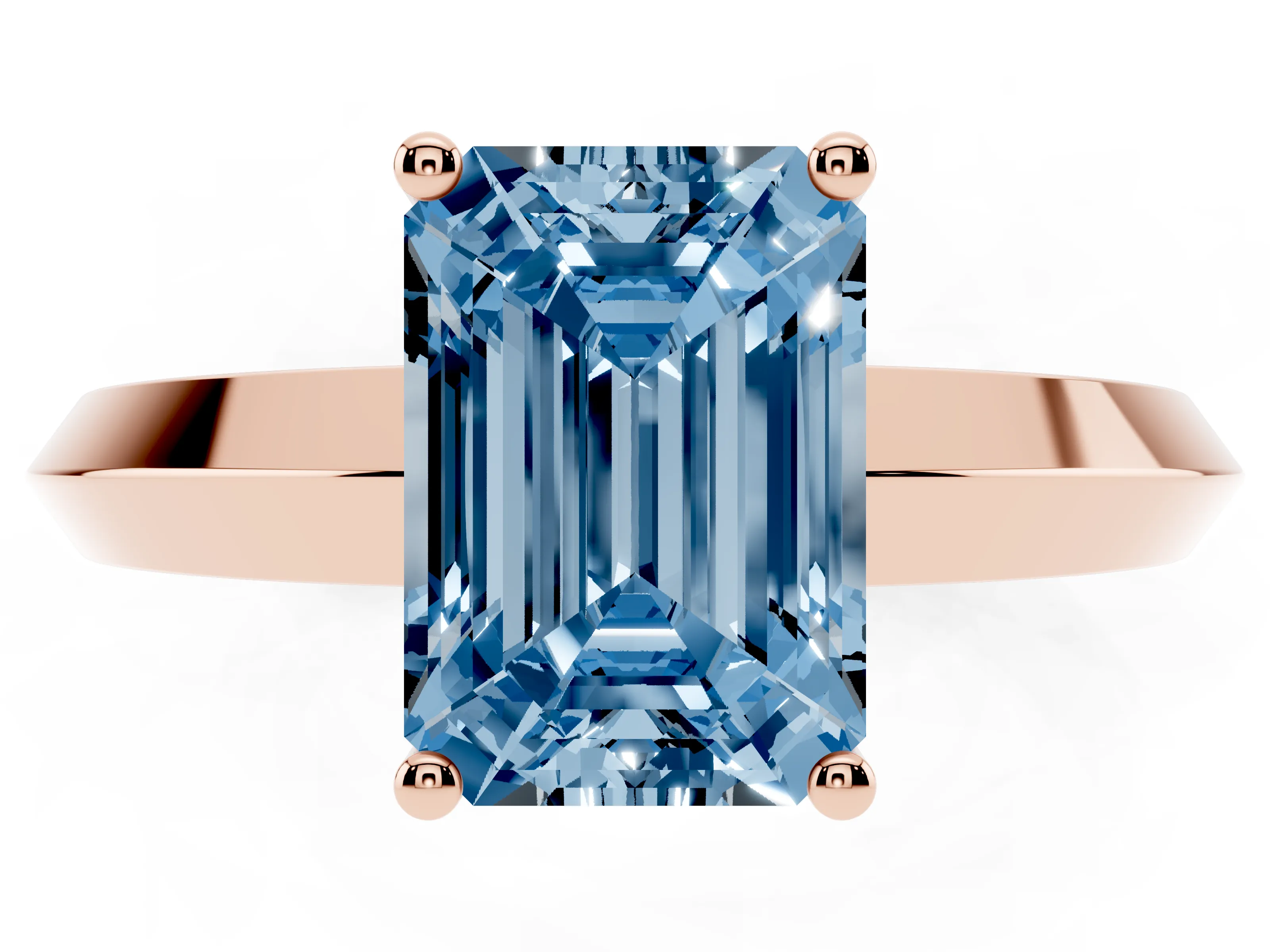 Fancy Blue Emerald Cut Diamond Solitaire Engagement Ring Set in Rose gold with Flat Band and Prong Setting