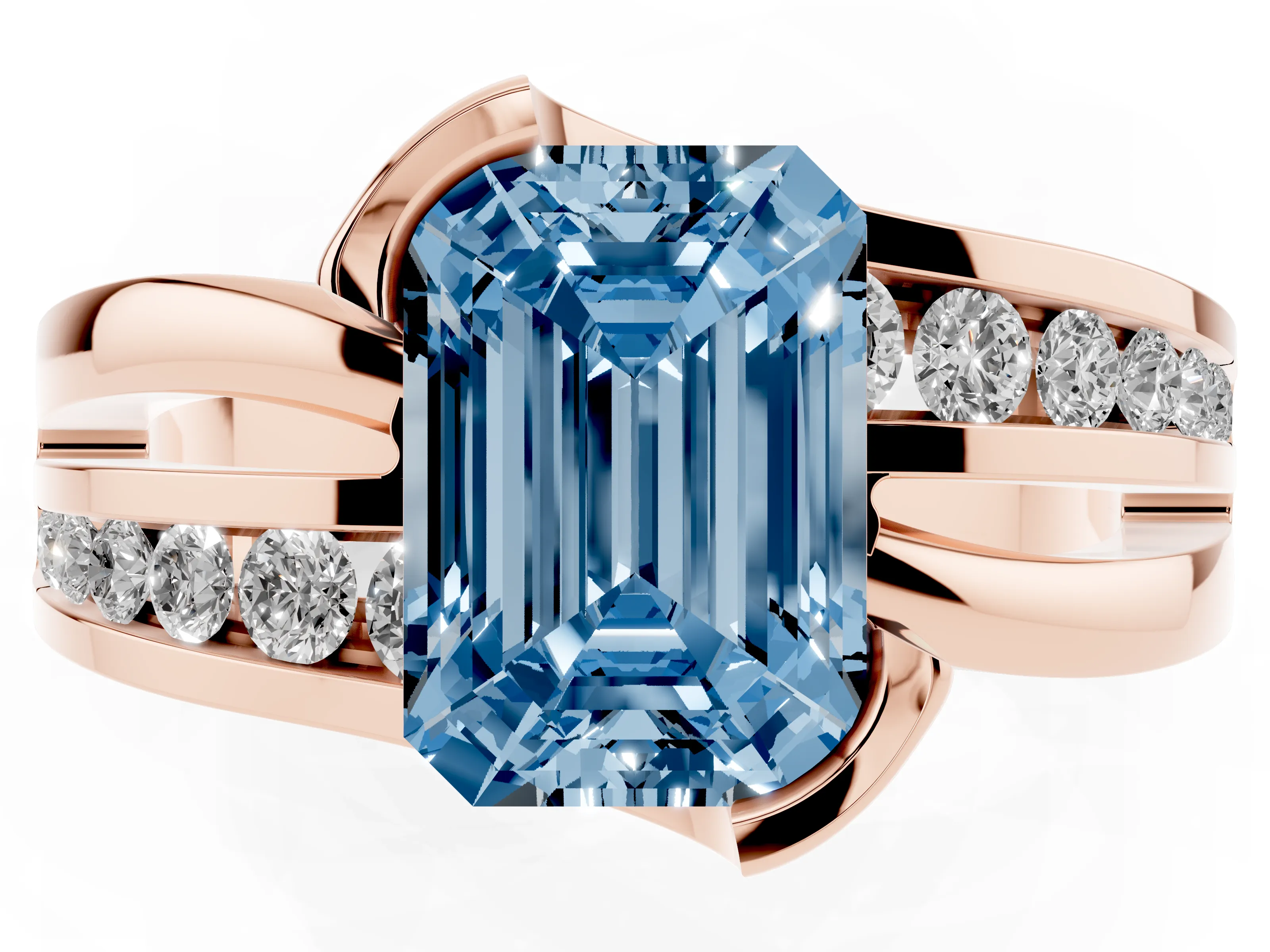 Fancy Blue Emerald Cut Diamond Solitaire Ring Set in Rose gold with Channel Set Split Shank and Tension Prongs
