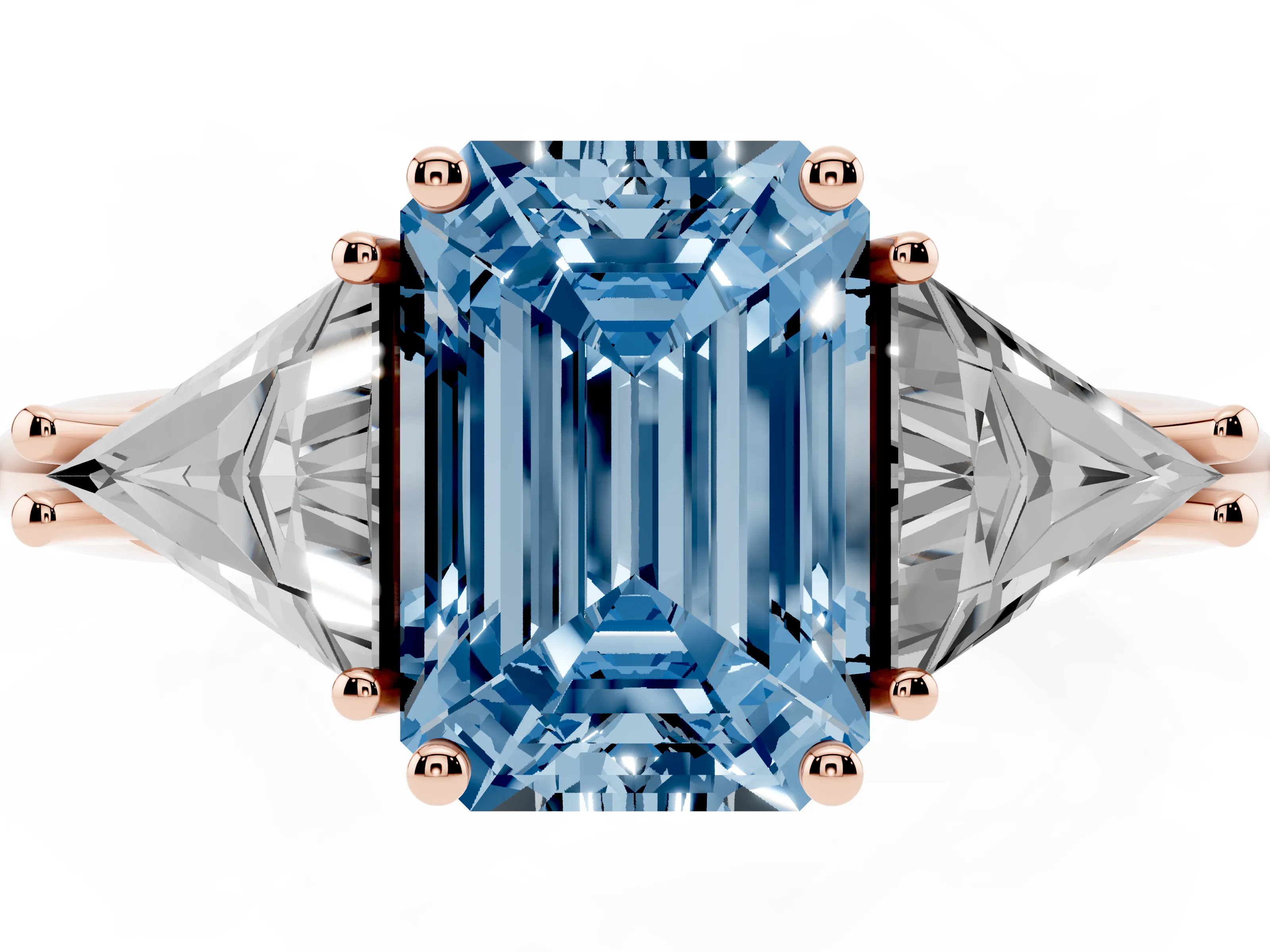 Fancy Blue Emerald Cut Diamond Three-Stone Engagement Ring Set in Rose gold with Trillion Side Stones