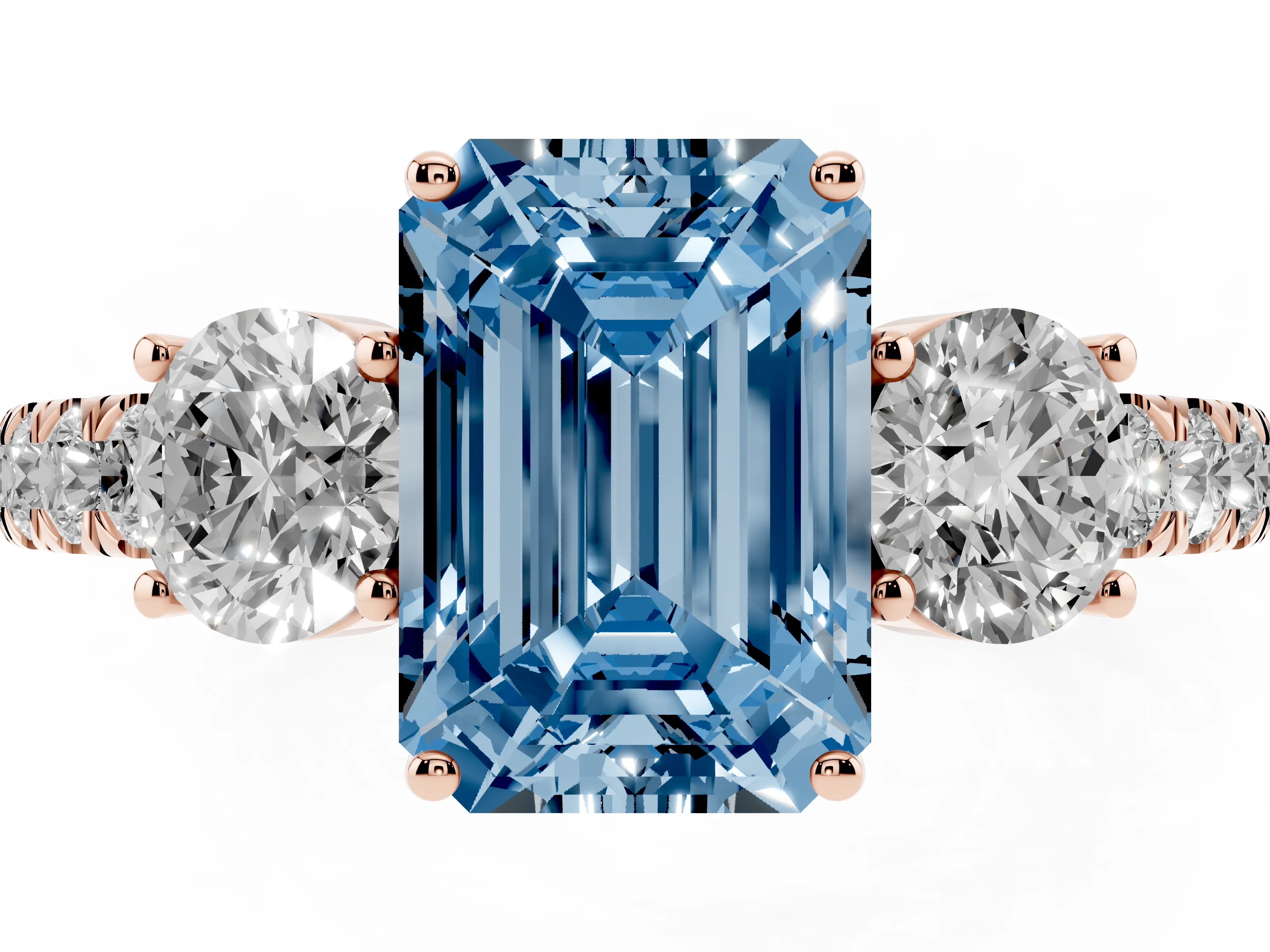 Fancy Blue Emerald Cut Diamond Three-Stone Ring Set in Rose gold with Round Side Stones and Delicate Pavé Band