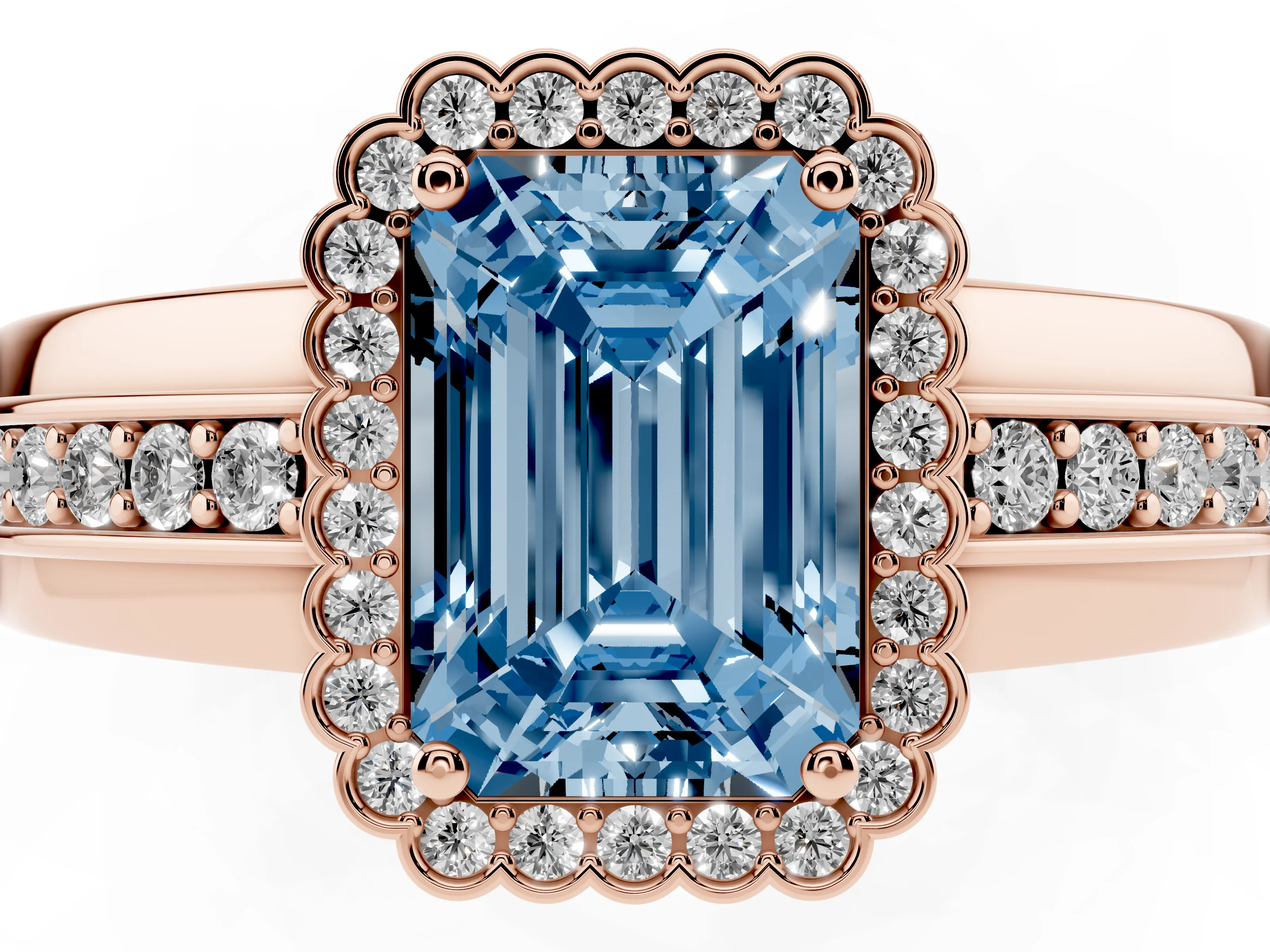 Fancy Blue Emerald Cut Diamond Halo Prong Ring Set in Rose gold with Pavé Band