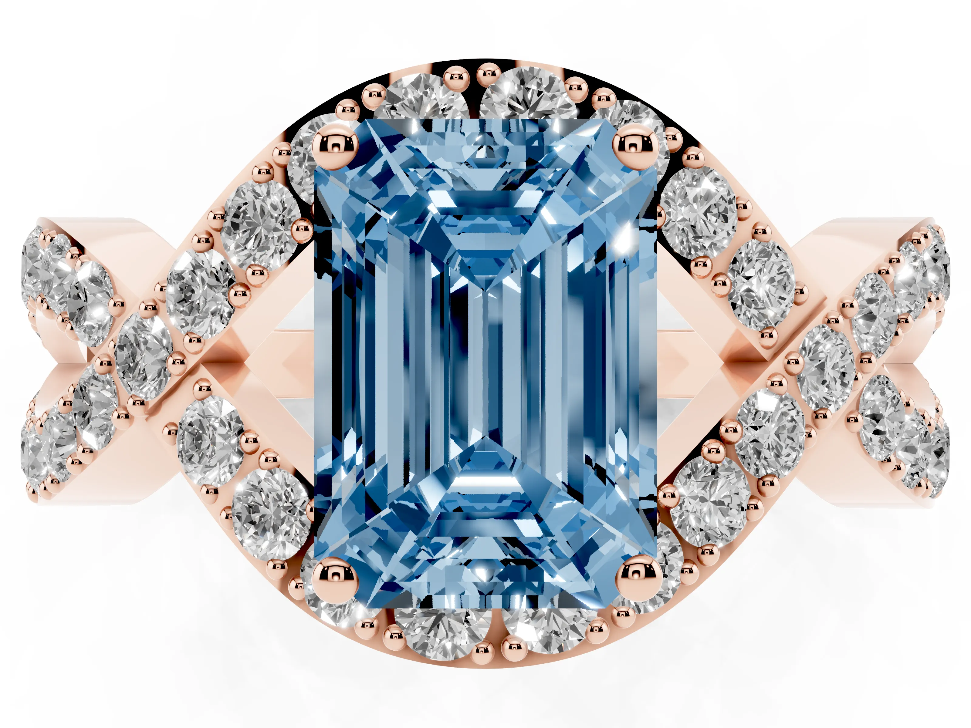 Fancy Blue Emerald Cut Diamond Solitaire Twist Band Pavé Engagement Ring Set in Rose gold