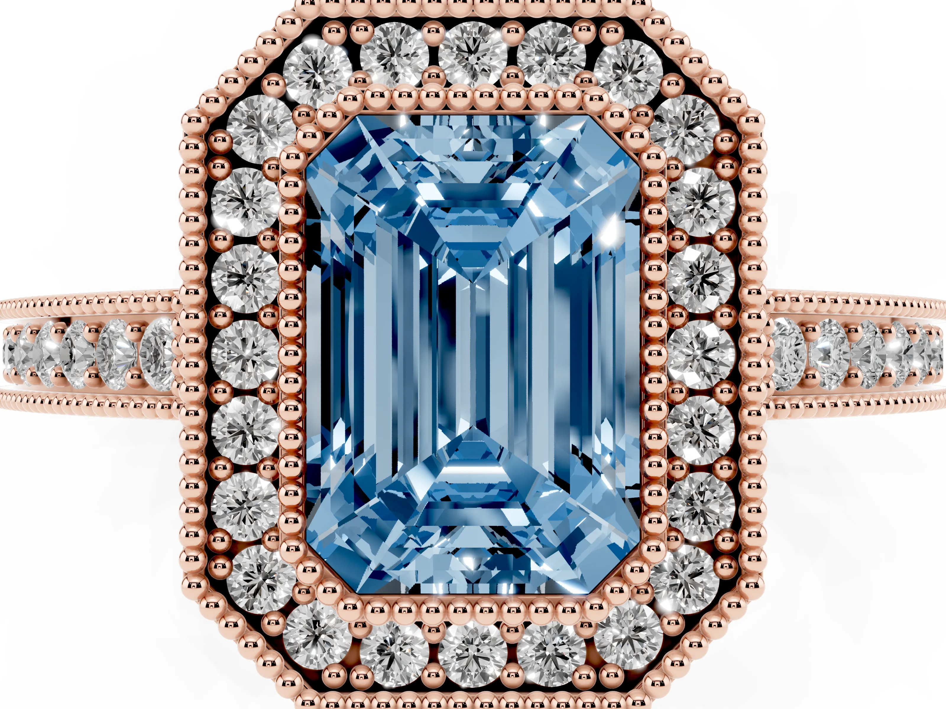 Fancy Blue Emerald Cut Diamond Round Halo Ring Set in Rose gold with Pavé Band