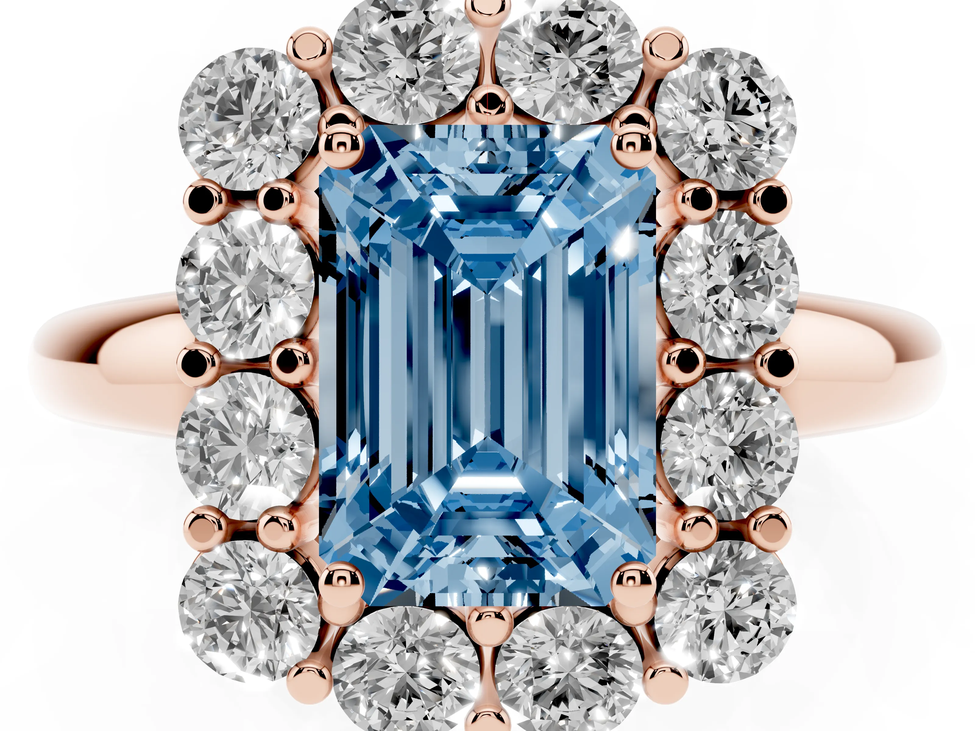 Fancy Blue Emerald Cut Diamond Halo Cluster Engagement Ring Set in Rose gold with Polished Band and Prong Setting