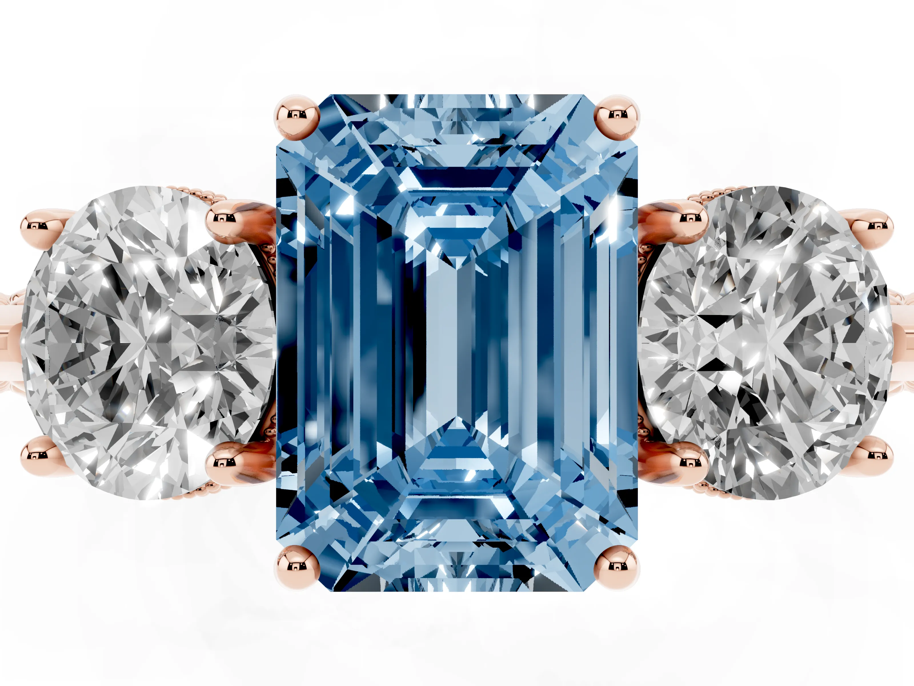Fancy Blue Emerald Cut Diamond Three-Stone Ring Set in Rose gold with Milgrain Band