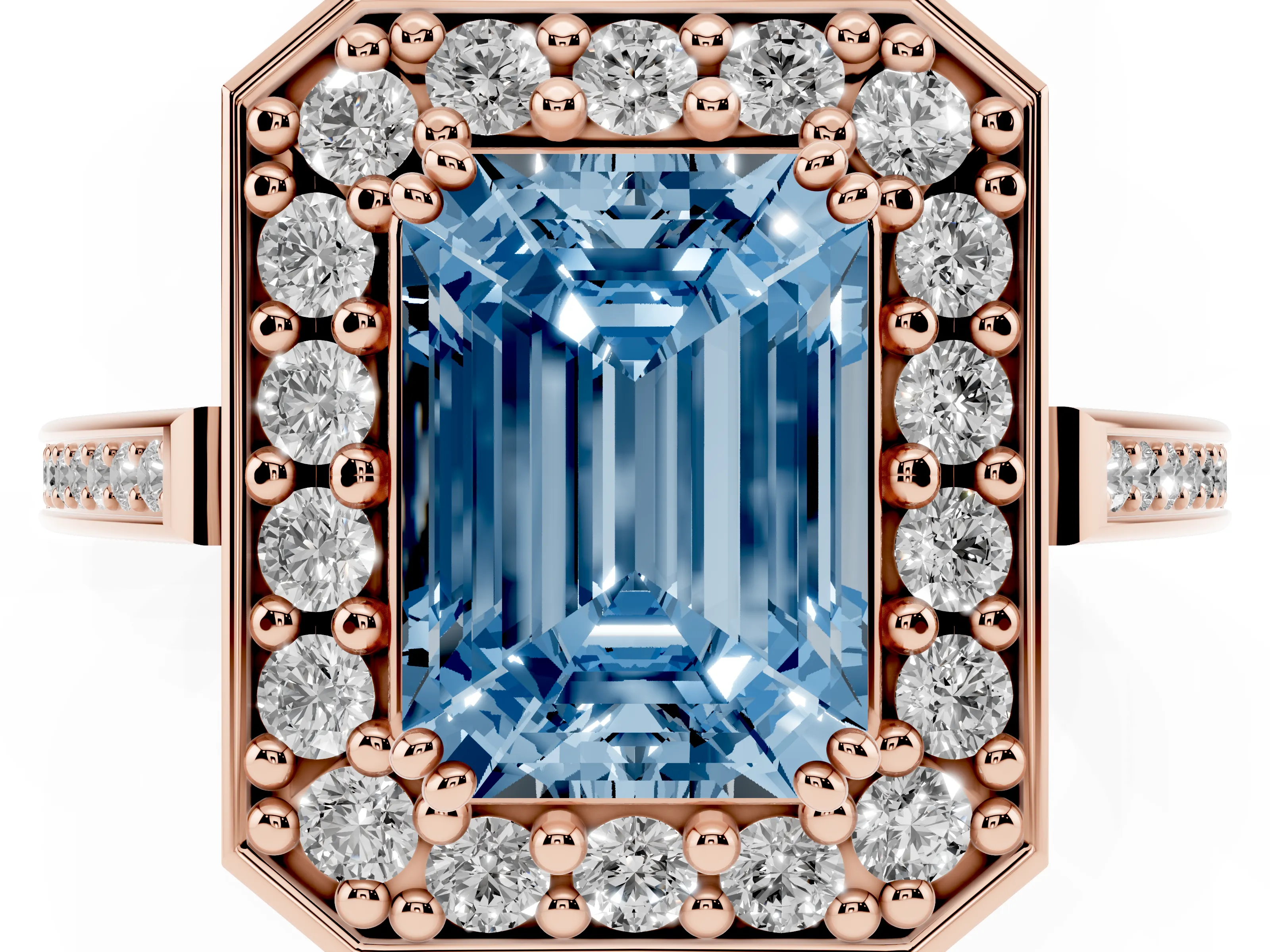 Fancy Blue Emerald Cut Diamond Halo Ring Set in Rose gold with Accent-Lined Split Shank and Prong Setting
