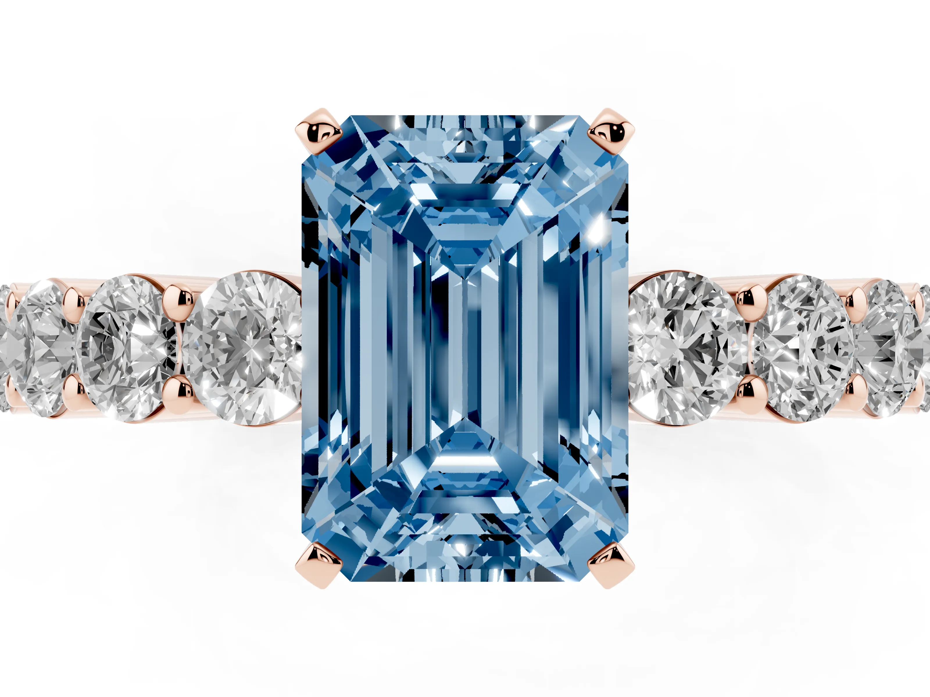 Fancy Blue Emerald Cut Diamond Solitaire Ring Set in Rose gold with Shared Prong Round Side Stones