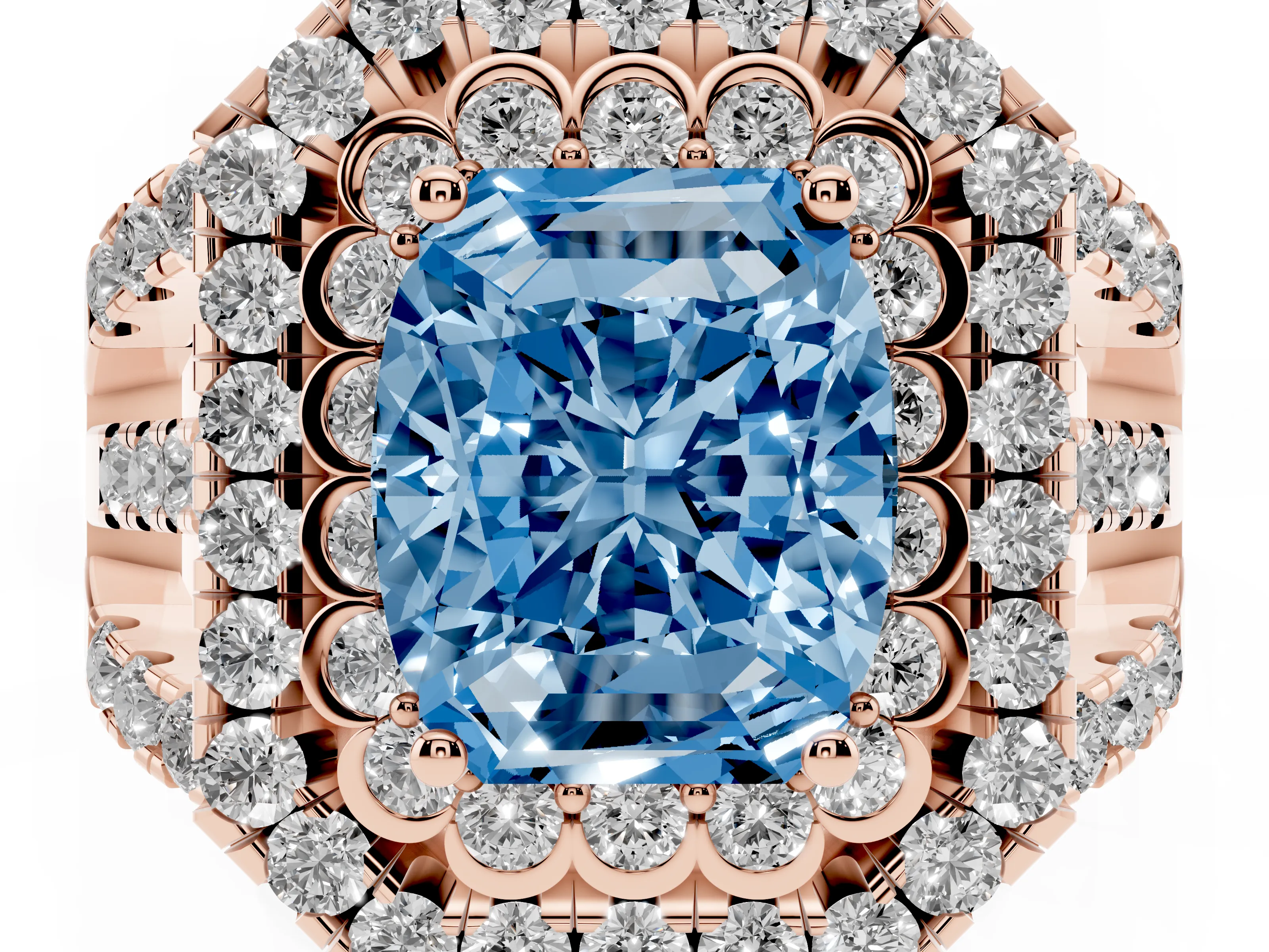 Fancy Blue Emerald Cut Diamond Double Halo Ring Set in Rose gold with Round Pavé Split Shank