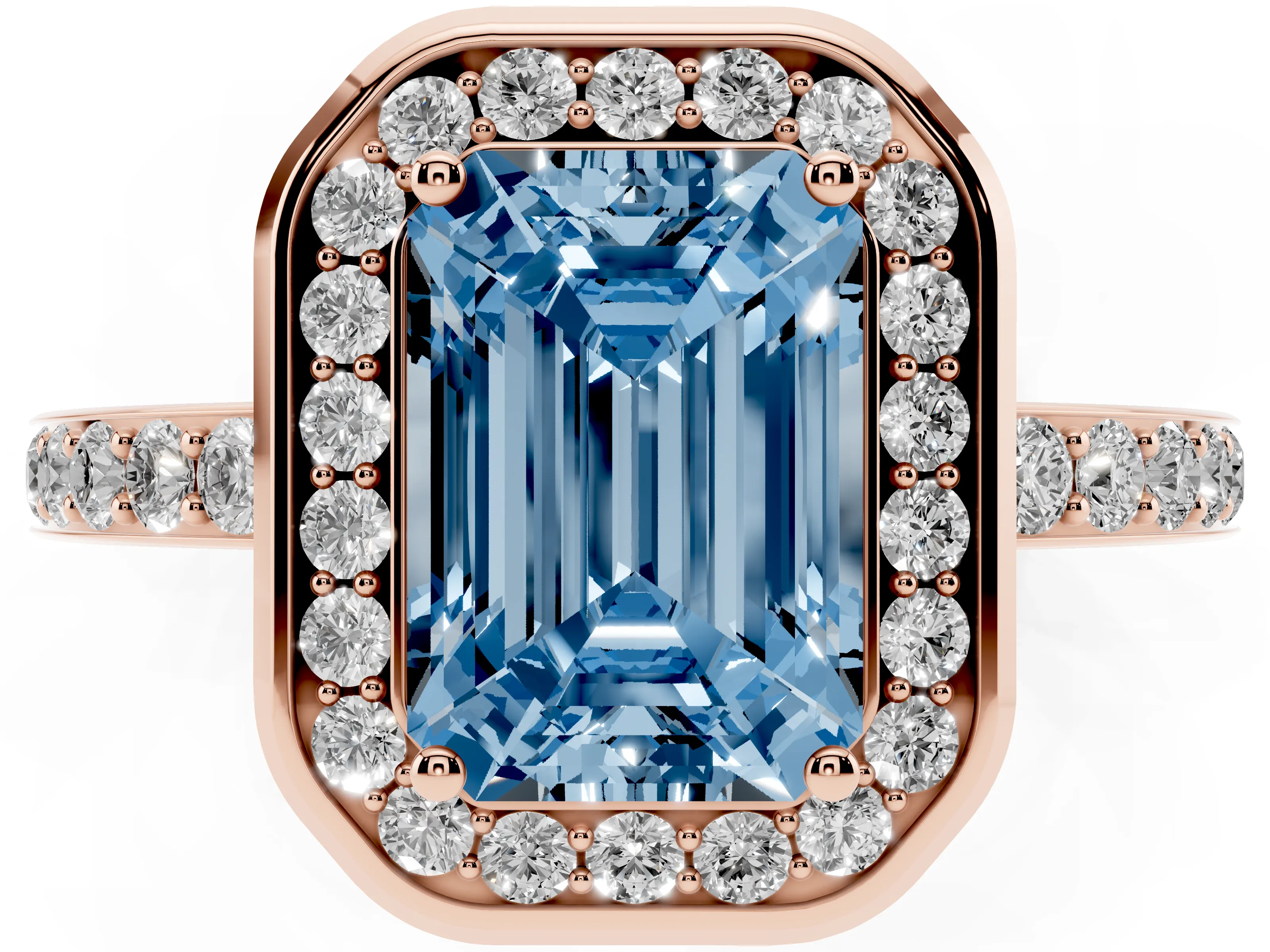 Fancy Blue Emerald Cut Diamond Halo Ring Set in Rose gold with Bezel Frame and Pavé Band