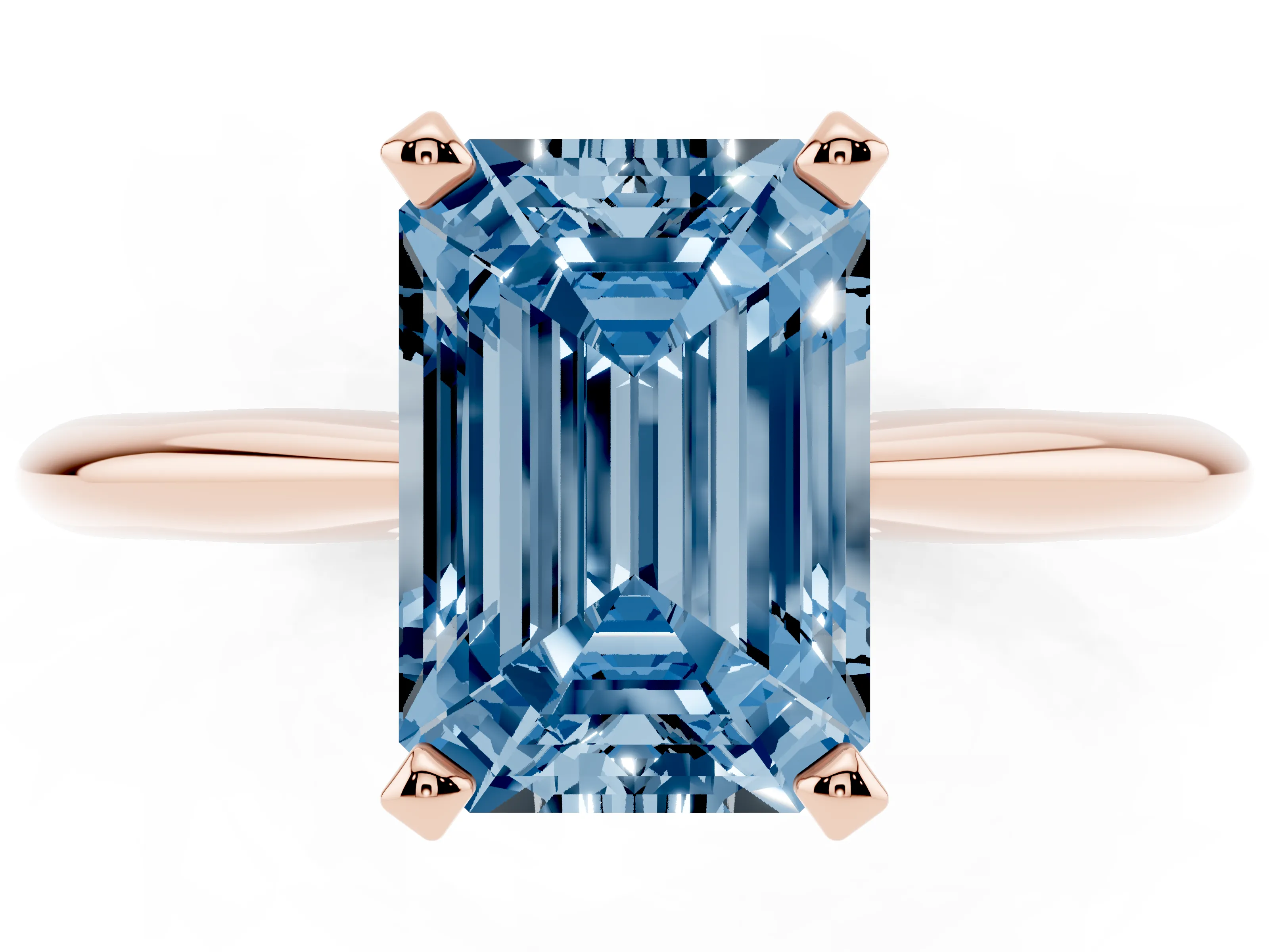 Fancy Blue Emerald Cut Diamond Solitaire Ring Set in Rose gold with Prong Setting on a Plain Round Band