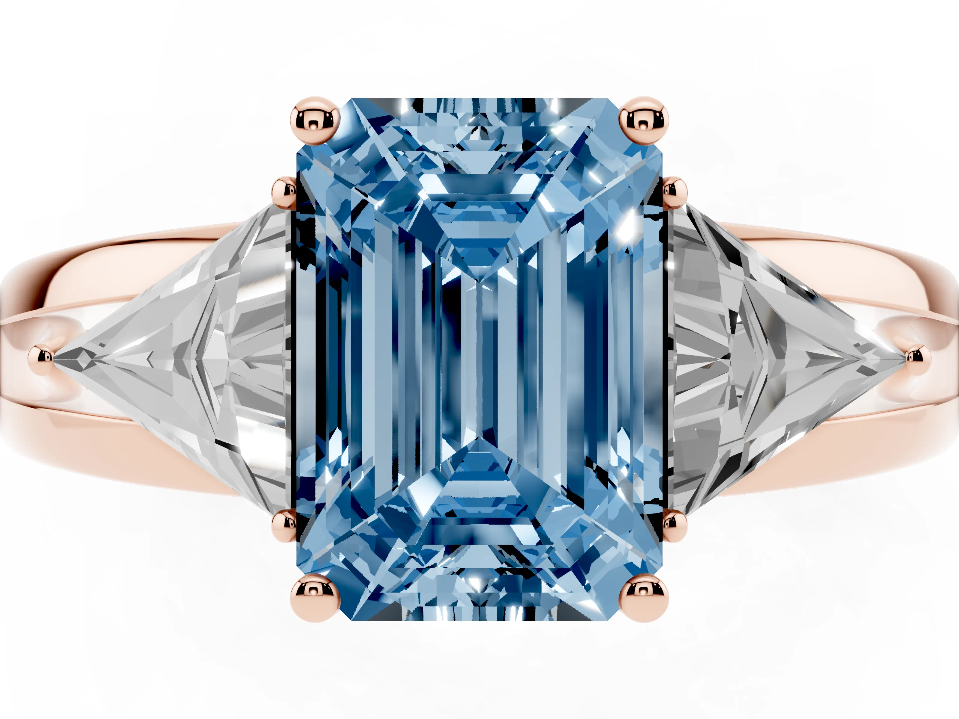Fancy Blue Emerald Cut Diamond Three-Stone Ring Set in Rose gold with Trillion Side Stones and Split Shank