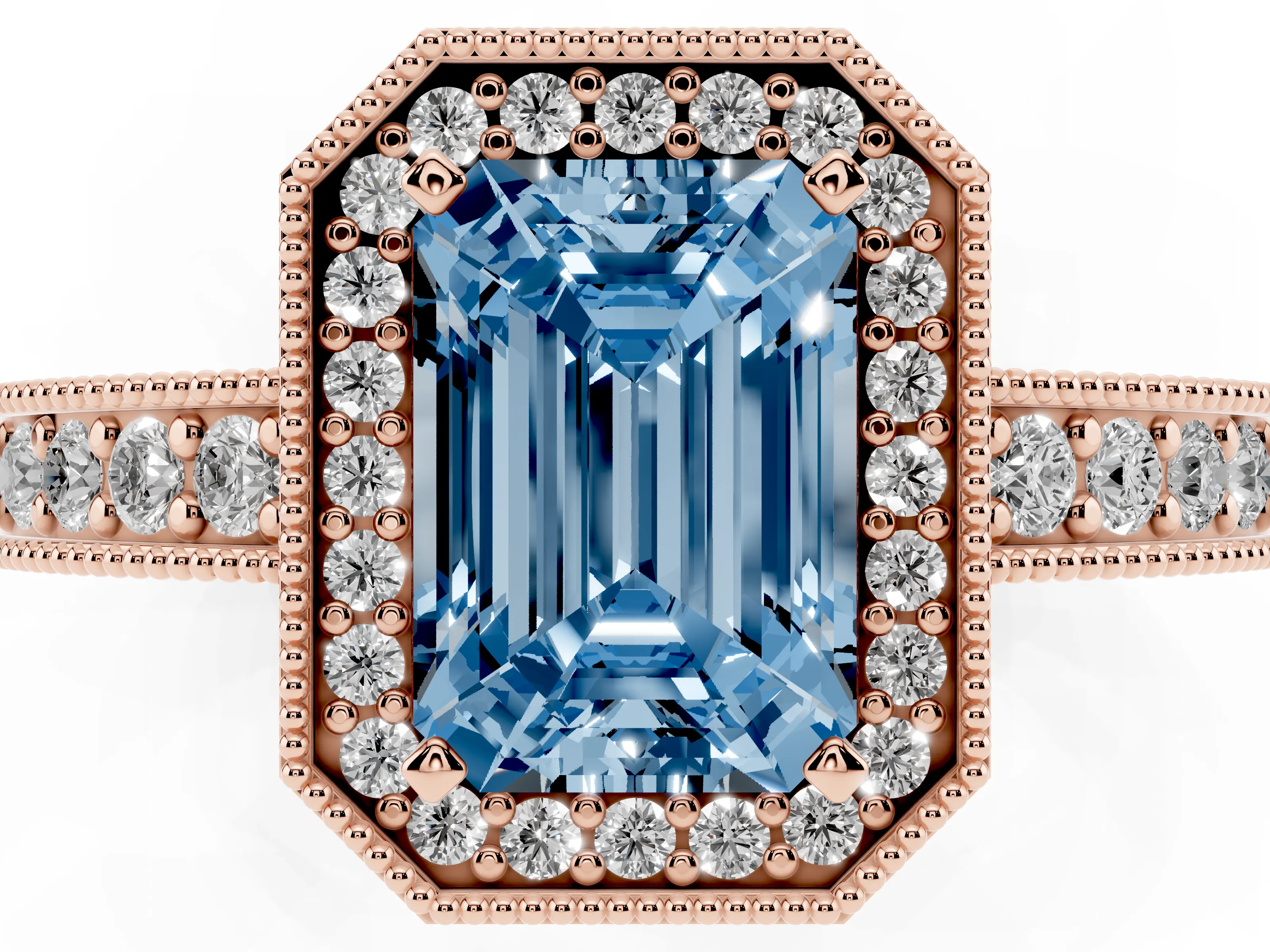 Fancy Blue Emerald Cut Diamond Halo Pavé Band Ring Set in Rose gold with Prong-Set Center